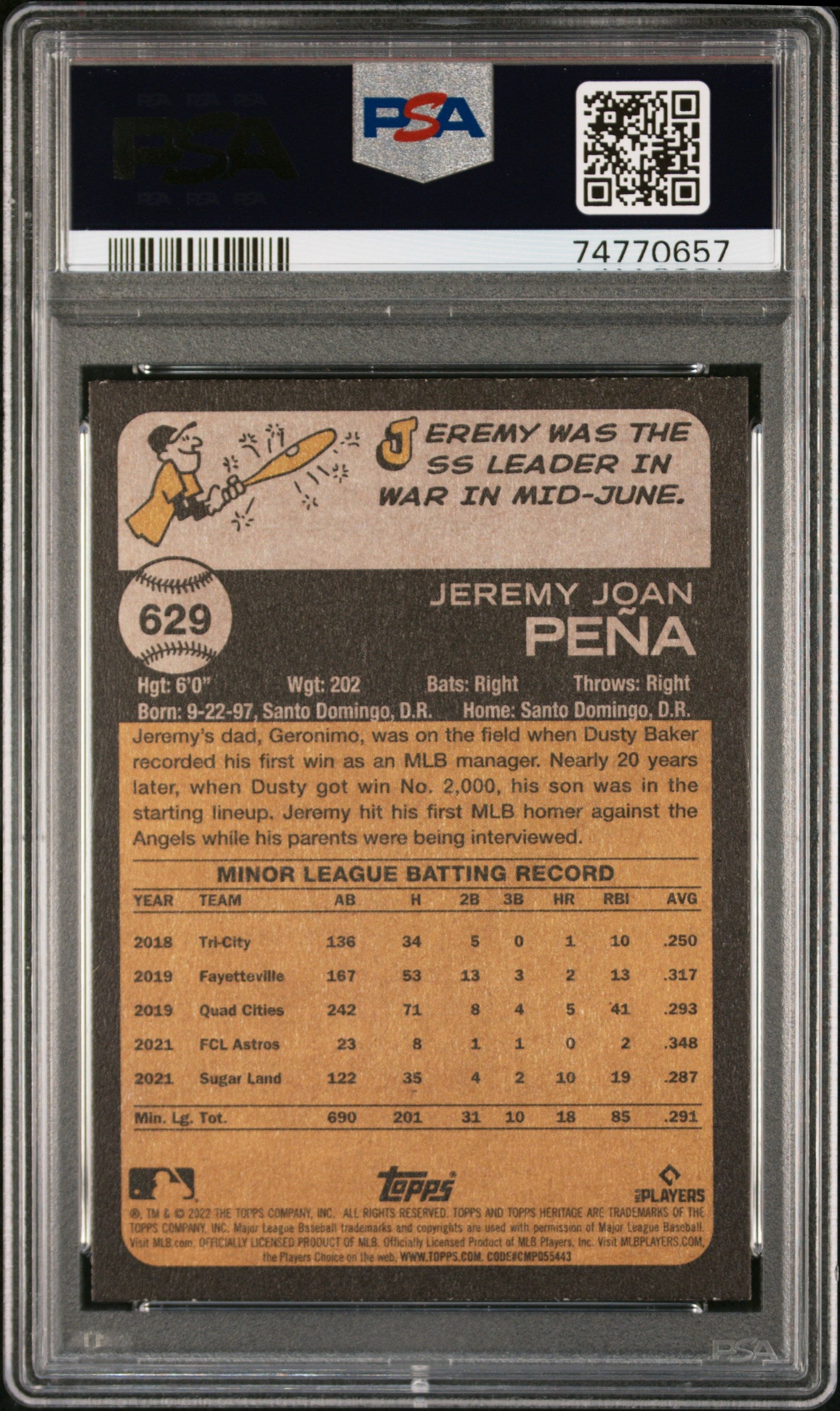 2022 Topps Heritage Jeremy Pena #629 PSA 9