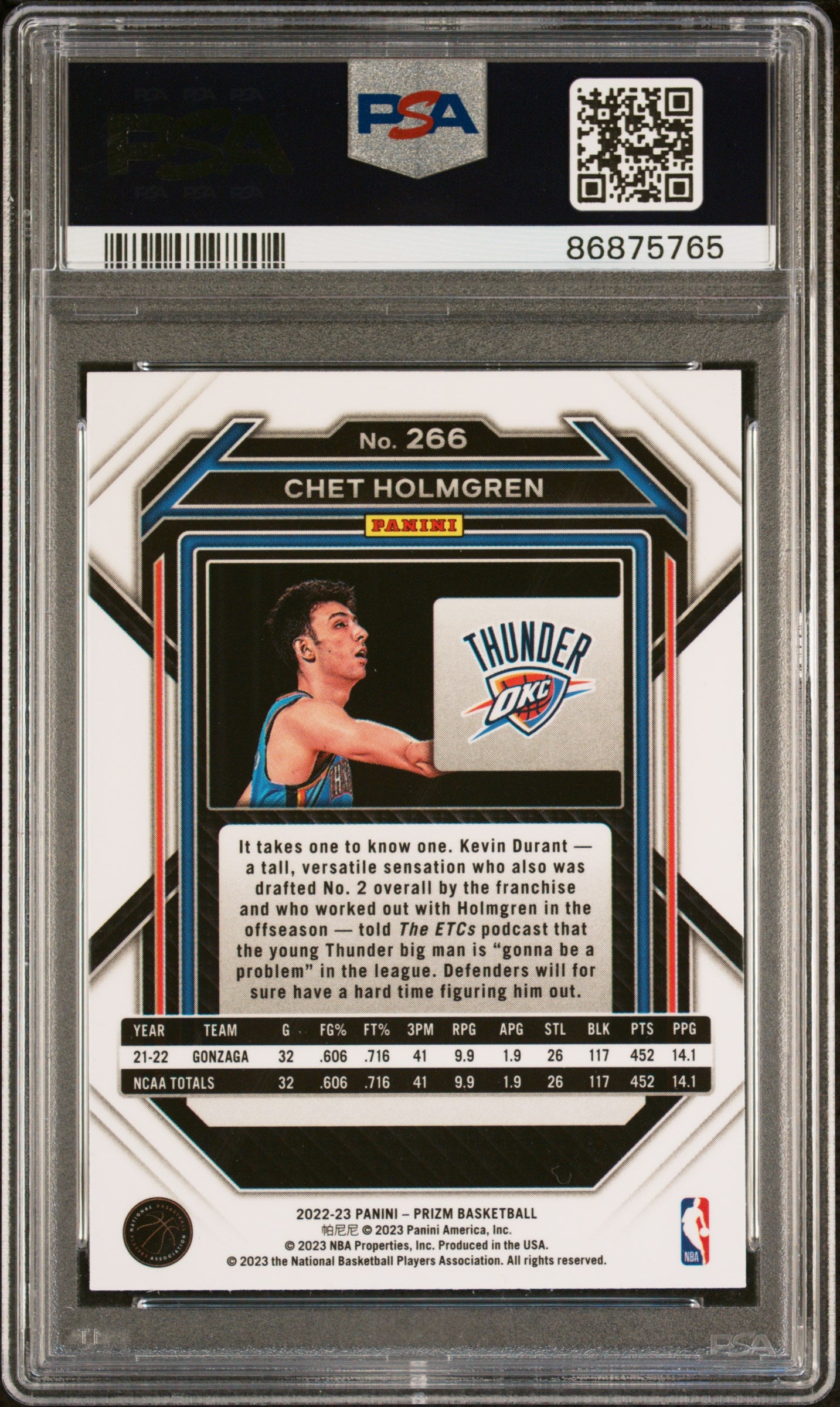 2022 Panini Prizm Chet Holmgren #266 PSA 9