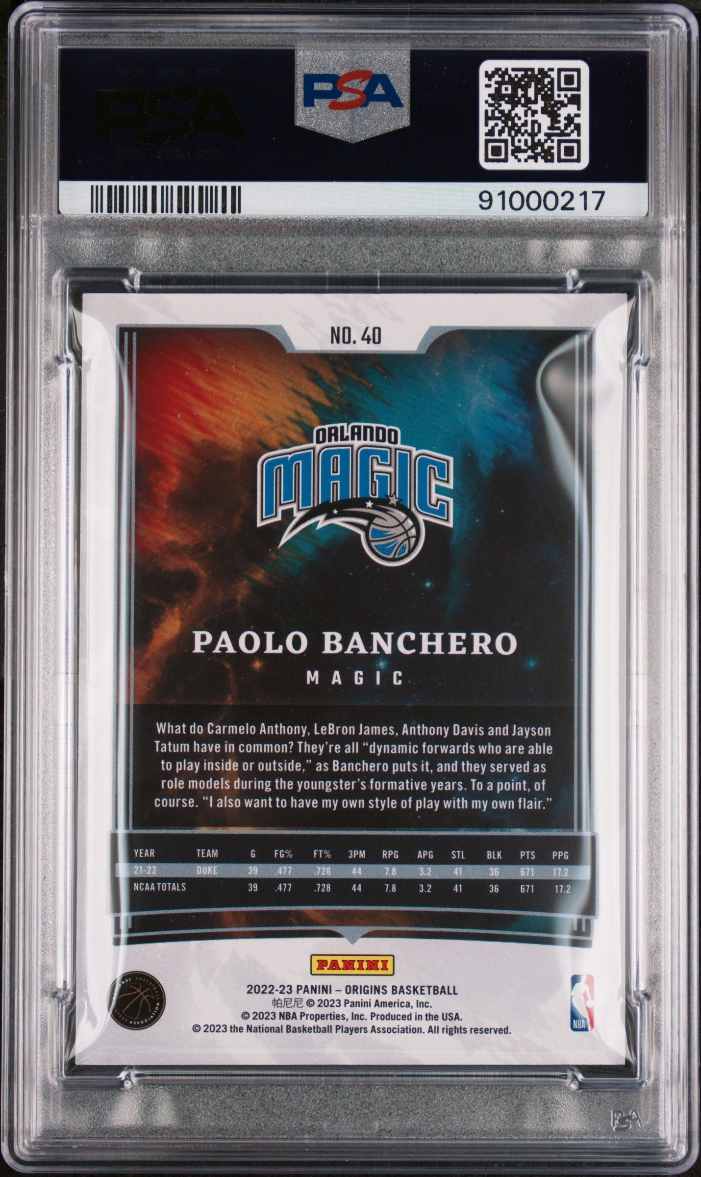 2022 Panini Origins Paolo Banchero #40 PSA 8