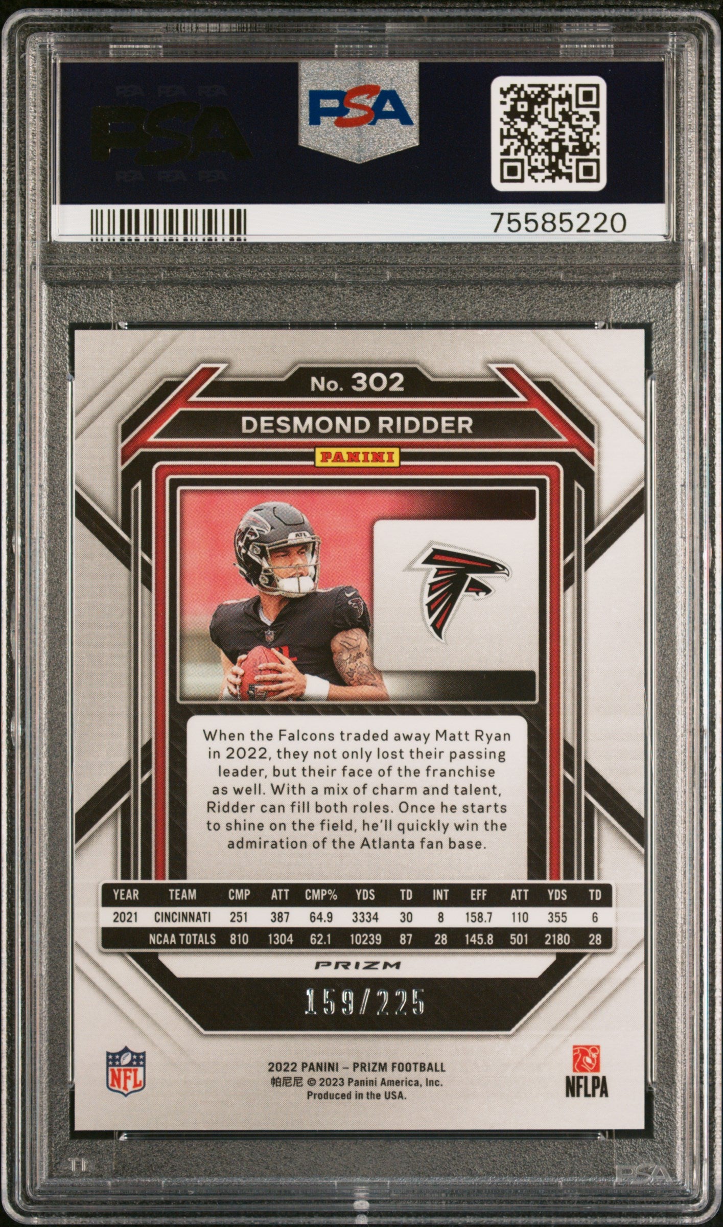 2022 Panini Prizm Desmond Ridder Purple Ice /225 #302 PSA 9