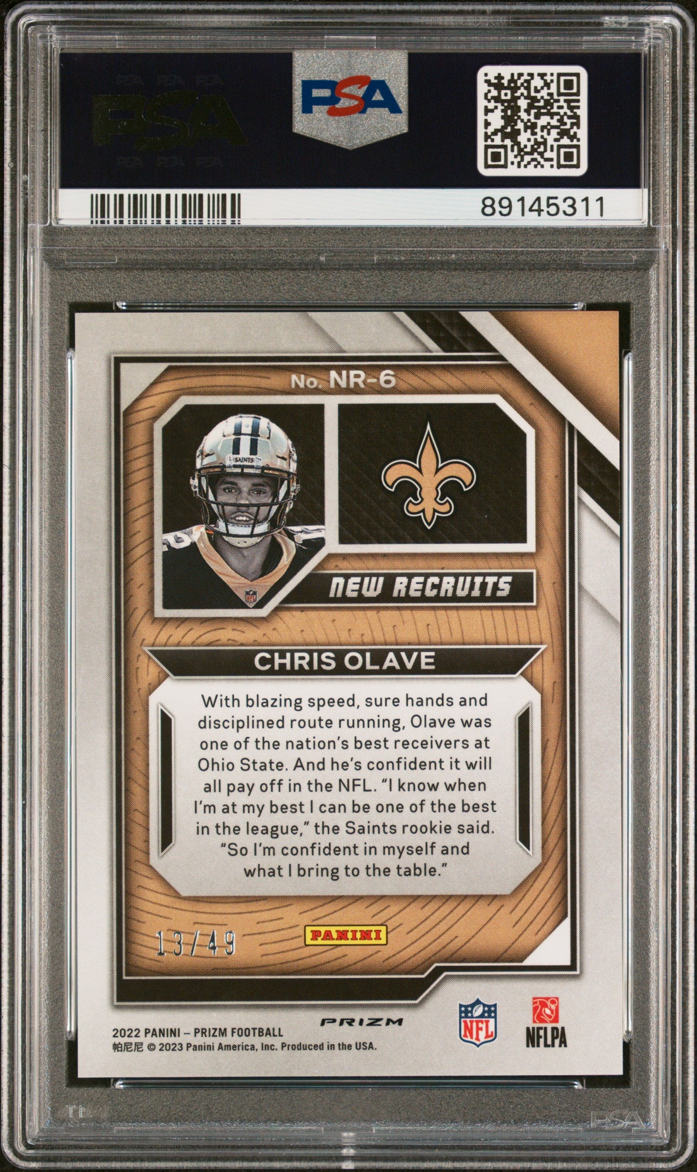 2022 Panini Prizm Chris Olave New Recruits Purple Power /49 #NR6 PSA 9