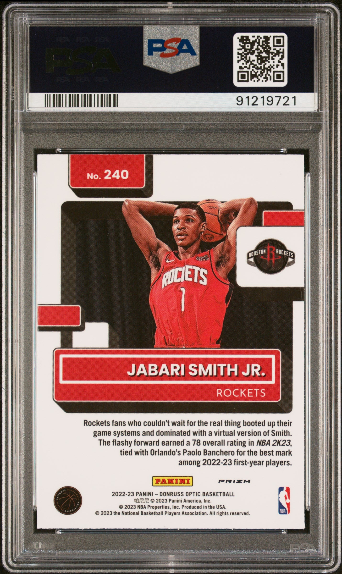 2022 Panini Donruss Optic Jabari Smith JR. Holo #240 RC PSA 9