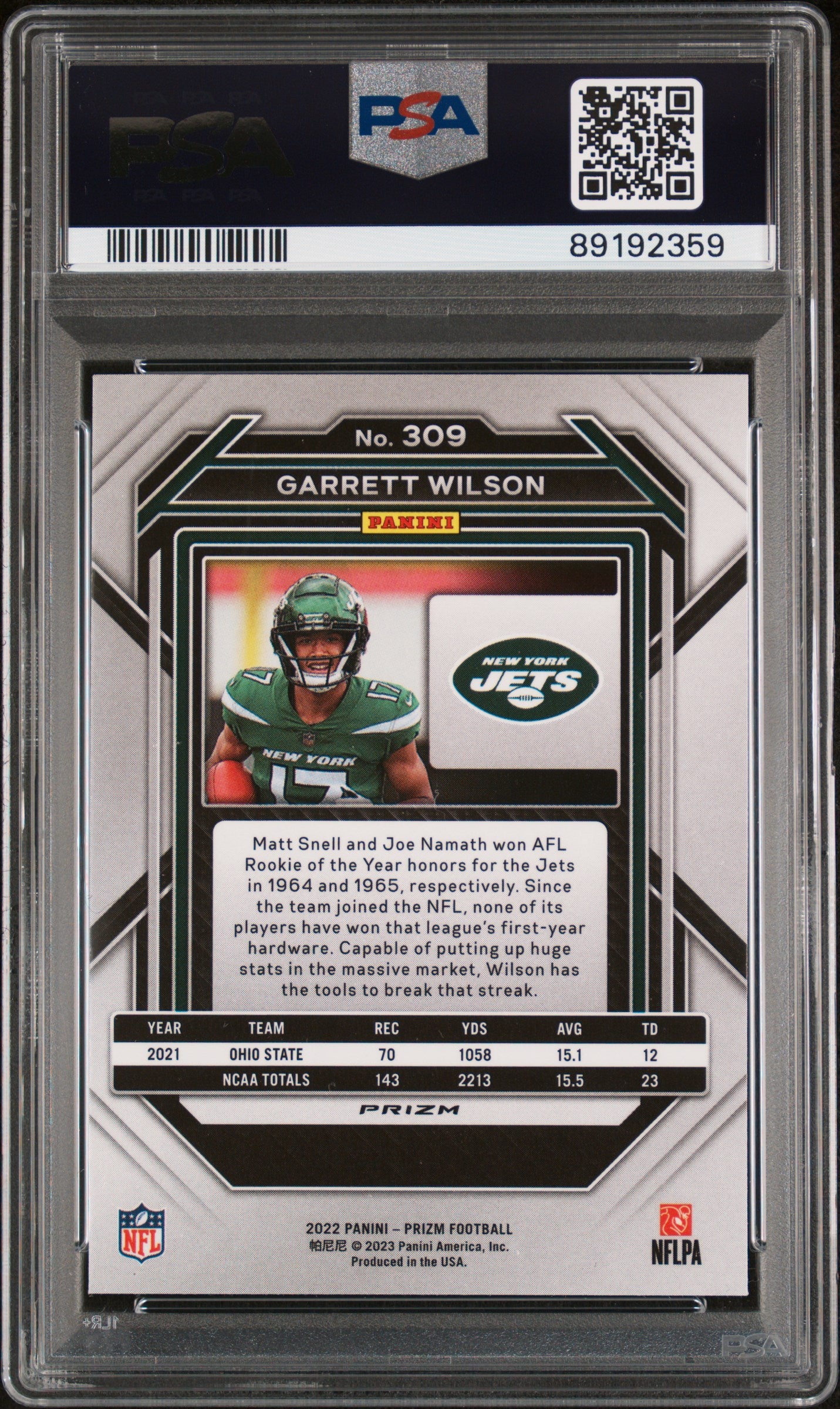 2022 Panini Prizm Garrett Wilson Green Prizm #309 PSA 9