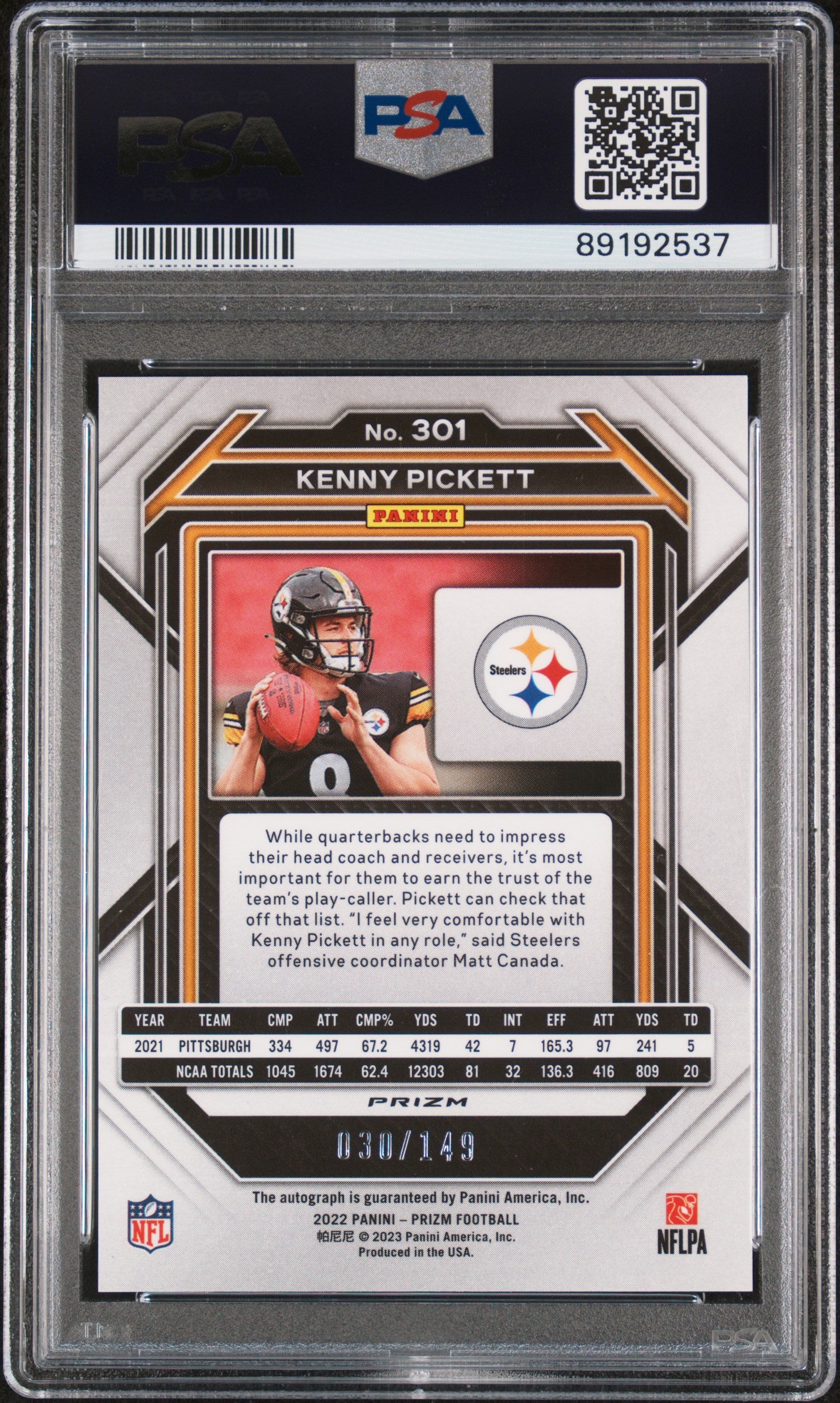 2022 Panini Prizm Kenny Pickett Autograph Red Wave /149 #301 PSA 8