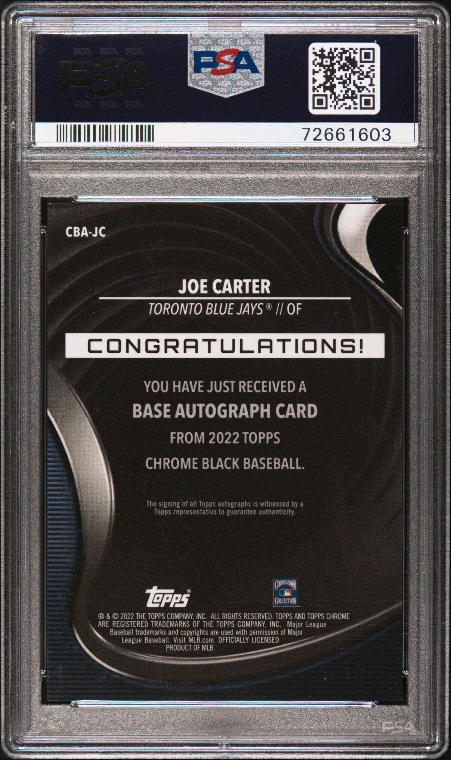 2022 Topps Chrome Black Autographs Joe Carter Autograph #JC PSA 9