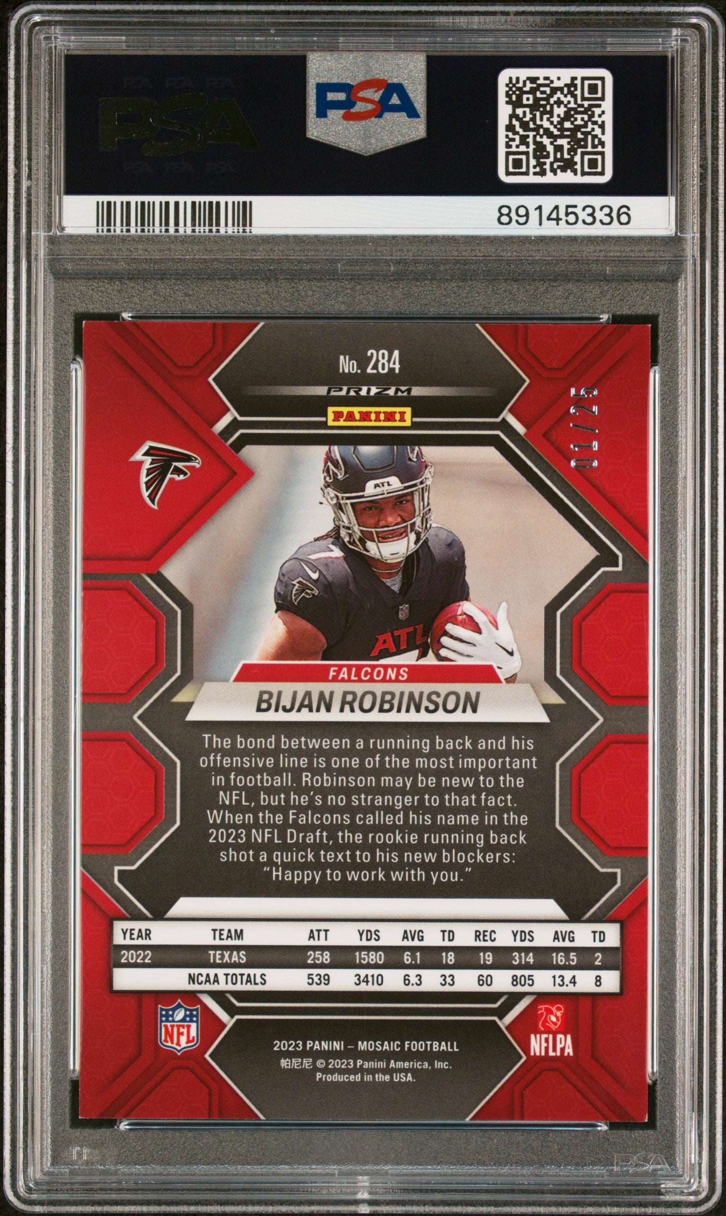 2023 Panini Mosaic Bijan Robinson Orange Fluorescent /25 #284 PSA 8