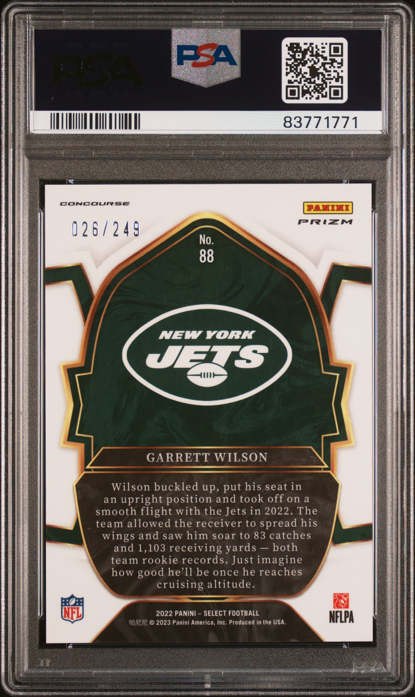 2022 Panini Select Garrett Wilson Tri Color Prizm /249 #88 RC PSA 10