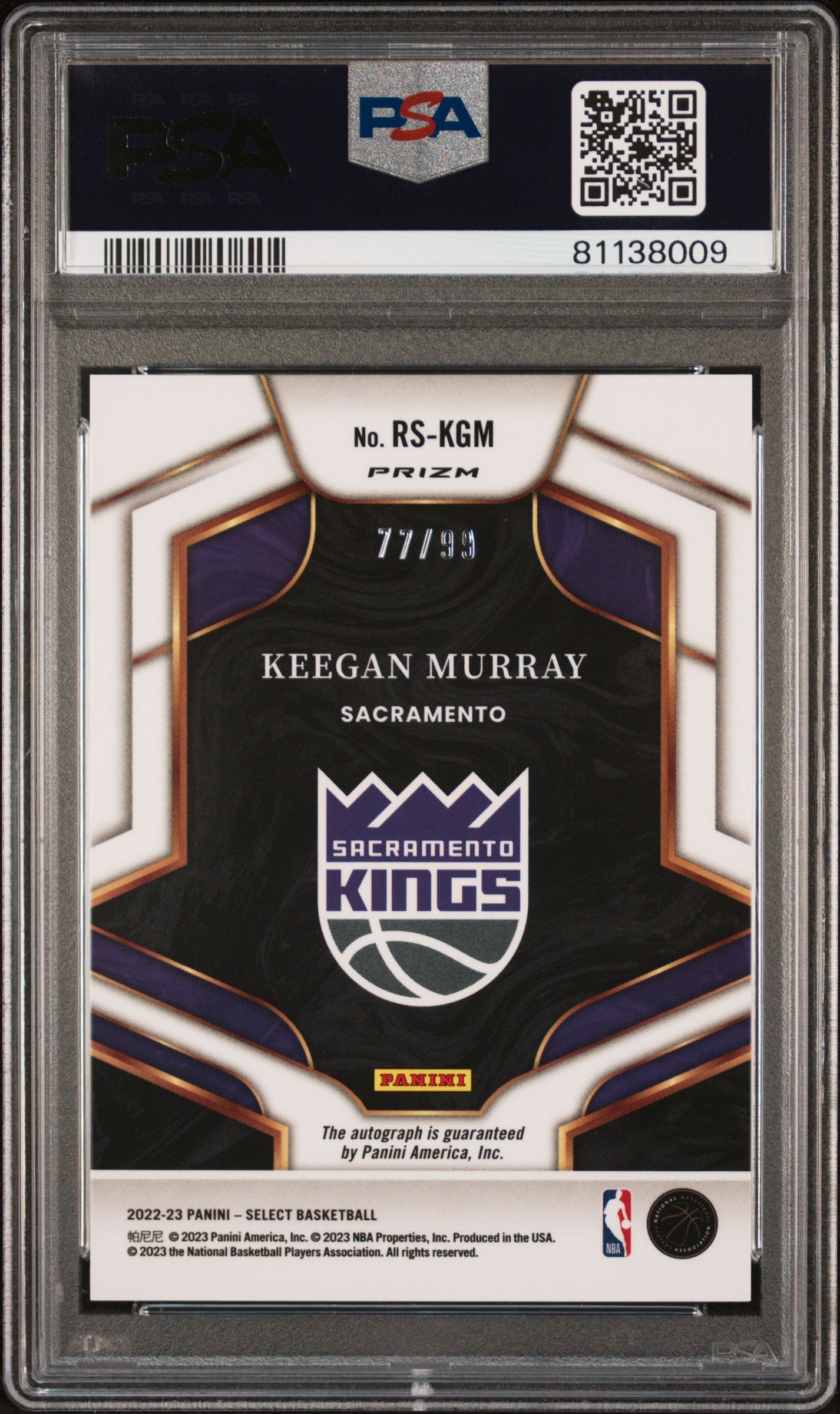2022 Panini Select Keegan Murray Rookie Signatures Red /99 RC #RSKGM PSA 10