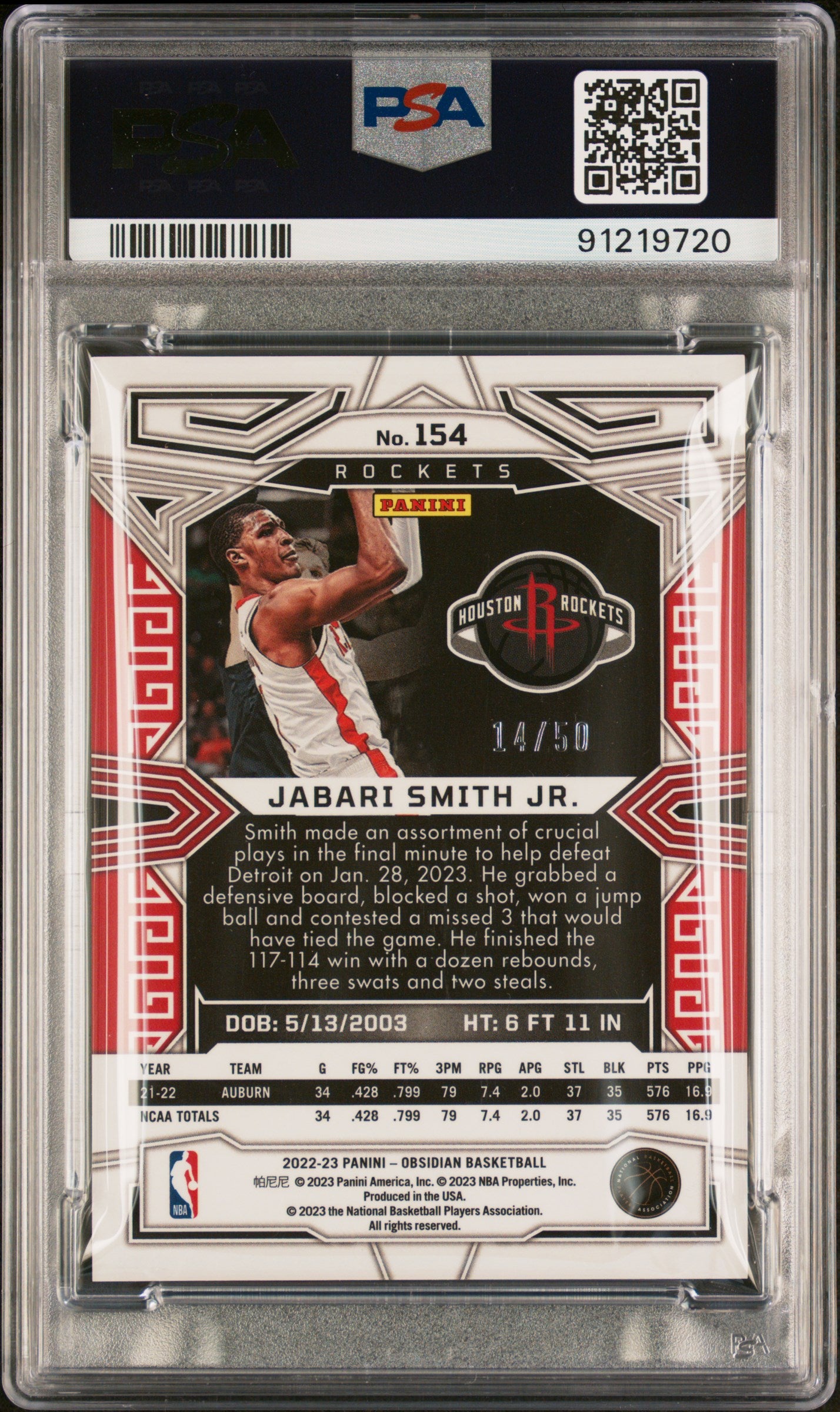 Jabari Smith JR. 2022 Panini Obsidian Electric Etch Orange /50 #154 PSA 9 RC