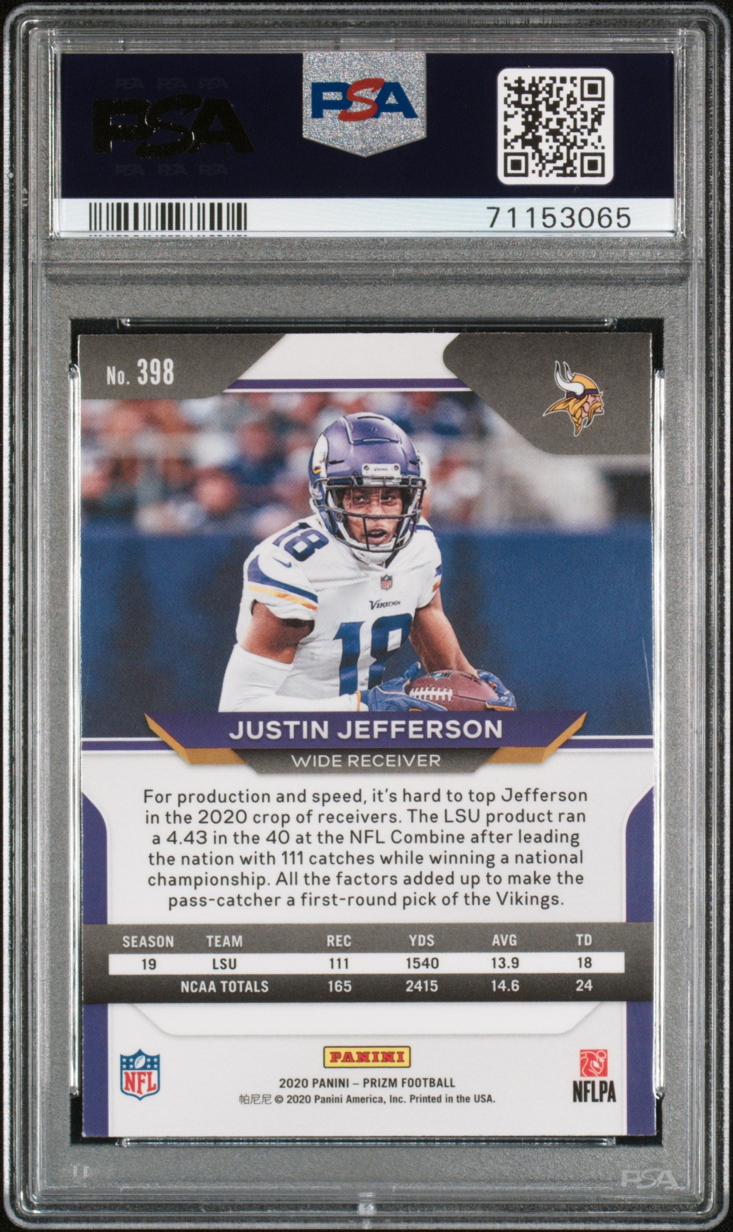 2020 Panini Prizm Justin Jefferson #398 PSA 9