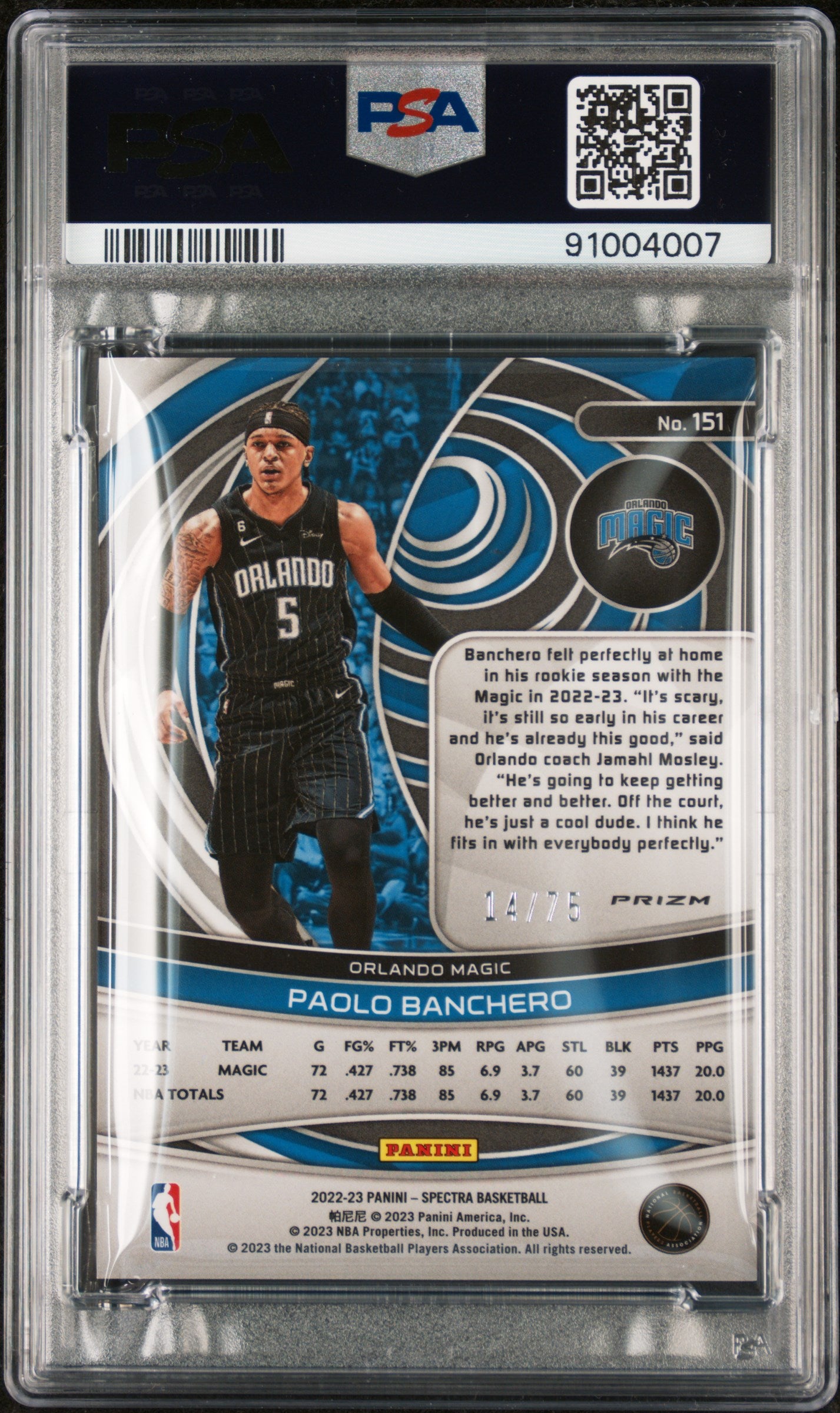 2022 Panini Spectra Paolo Banchero Asia Red & Yellow /75 #151 PSA 9