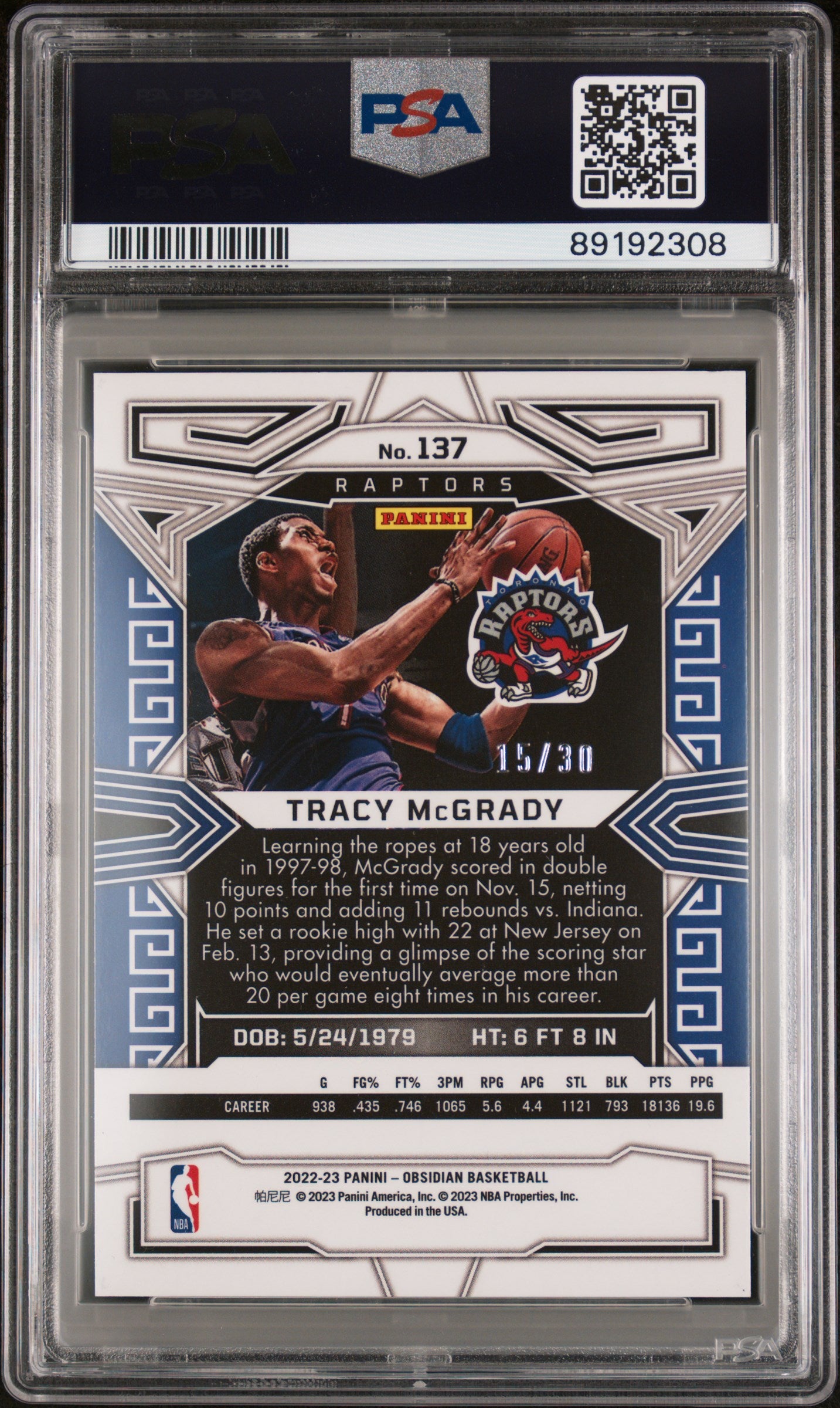 2022 Panini Obsidian Tracy Mcgrady Electric Etch Blue /30 #137 PSA 9