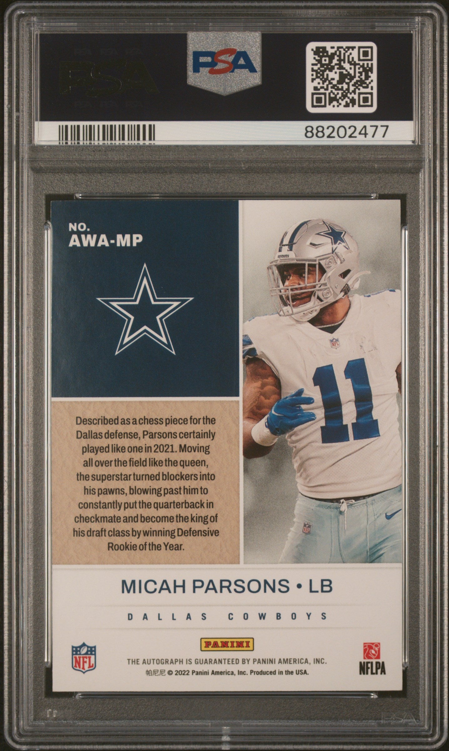 2022 Panini Impeccable Micah Parsons Award Winners Autograph #AWAMP PSA 8