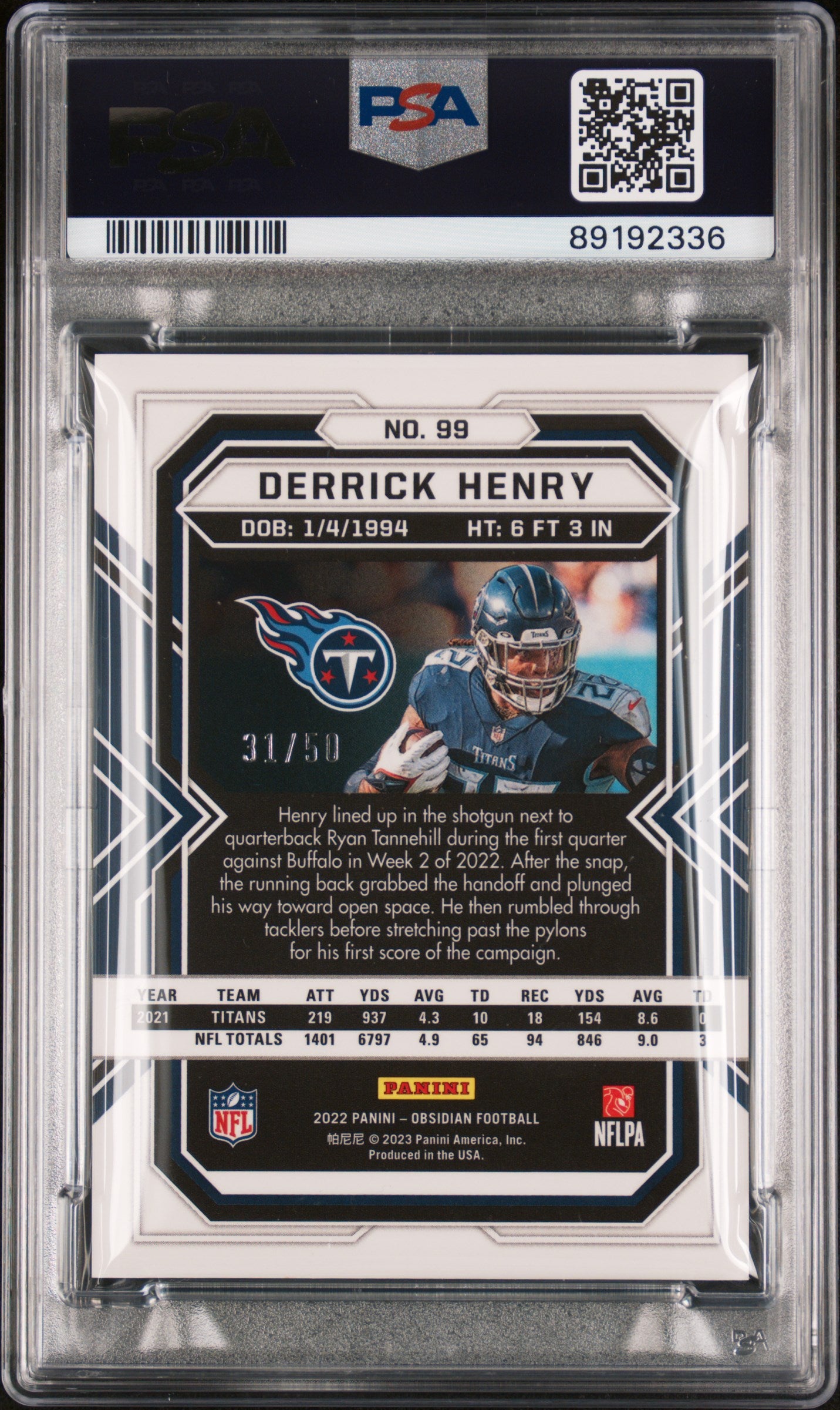 2022 Panini Obsidian Derrick Henry Electric Etch Green /50 #99 PSA 9