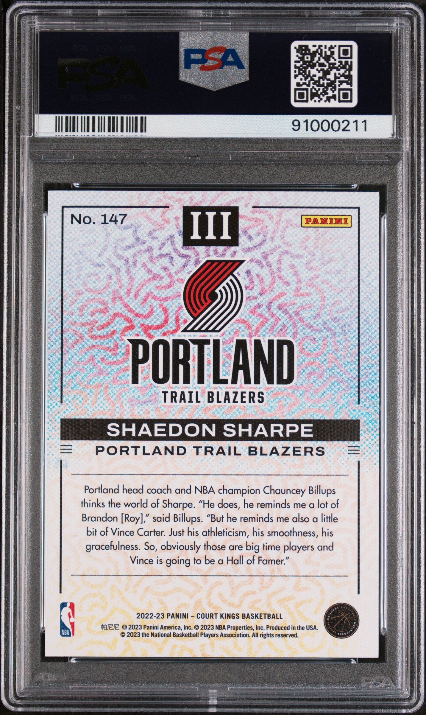 Shaedon Sharpe 2022 Panini Court Kings Rookies III #147 PSA 9 RC