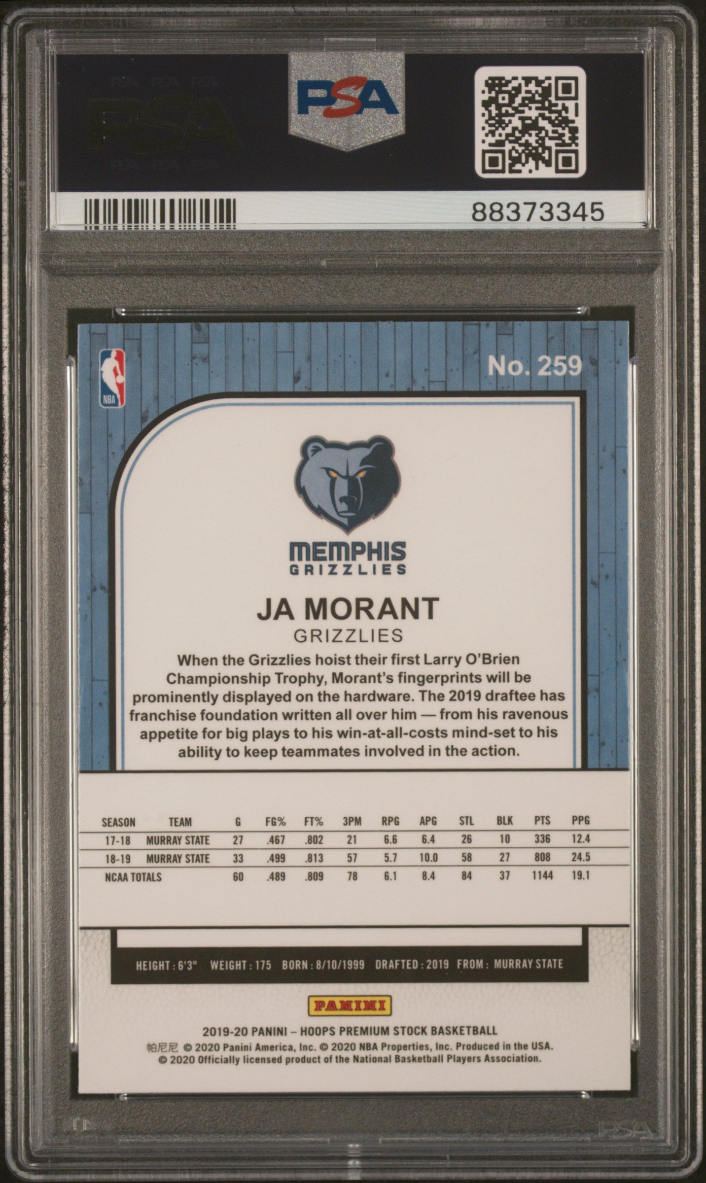 Ja Morant 2019 Panini Hoops Premium Stock #259 PSA 10 RC