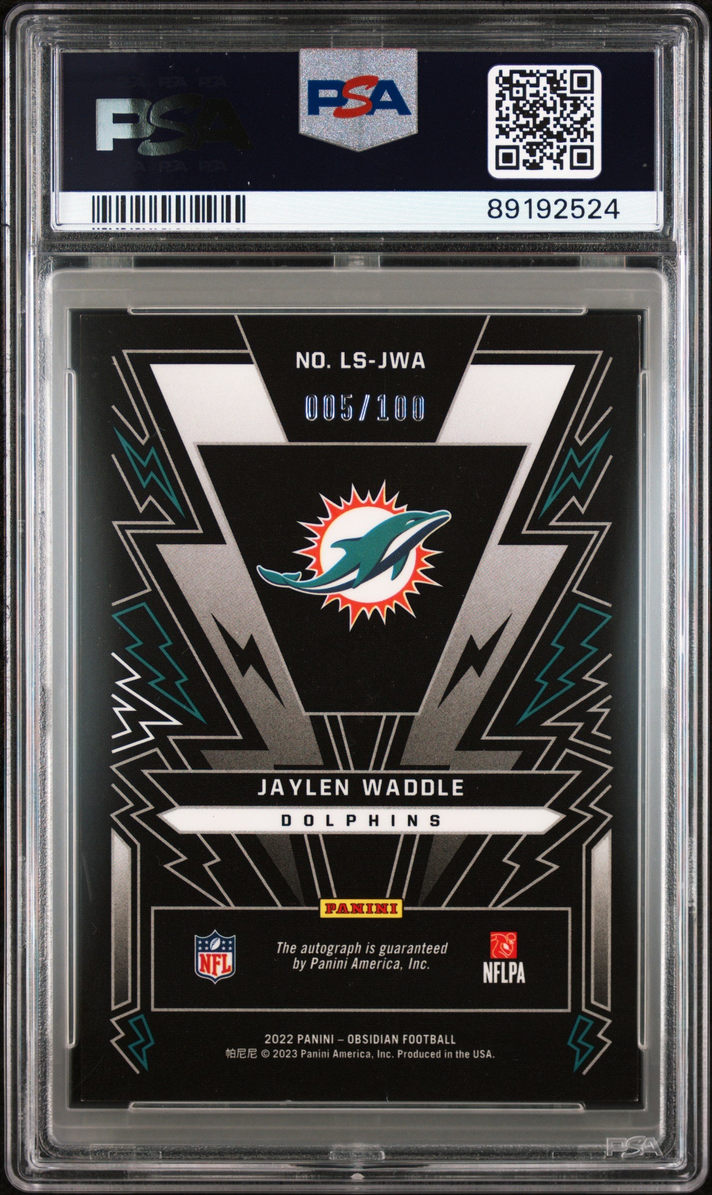 2022 Panini Obsidian Jaylen Waddle Lightning Strike Autograph /100 #LSJWA PSA 9