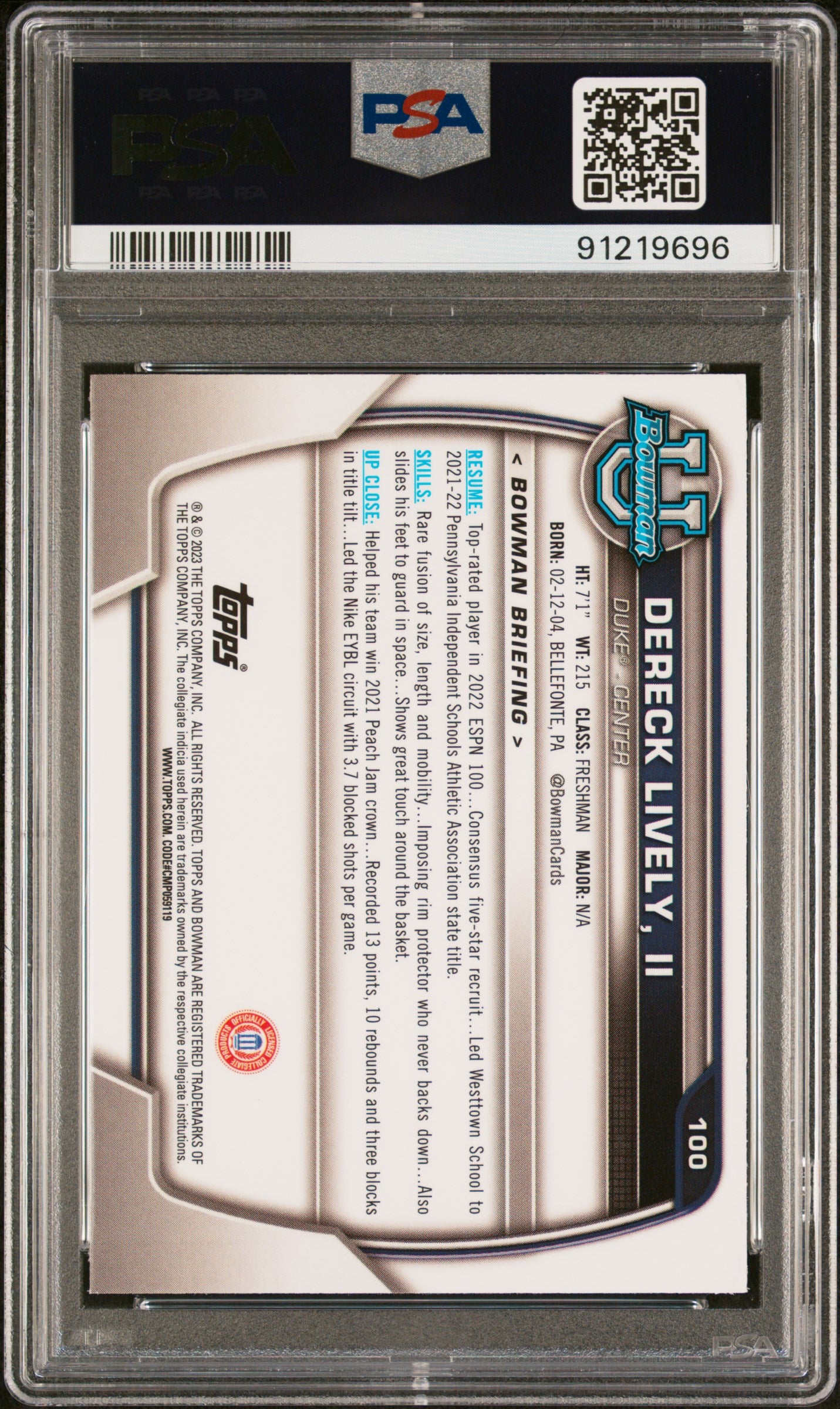 2022 Bowman Chrome University Dereck Lively II Pink Refractor #100 PSA 9