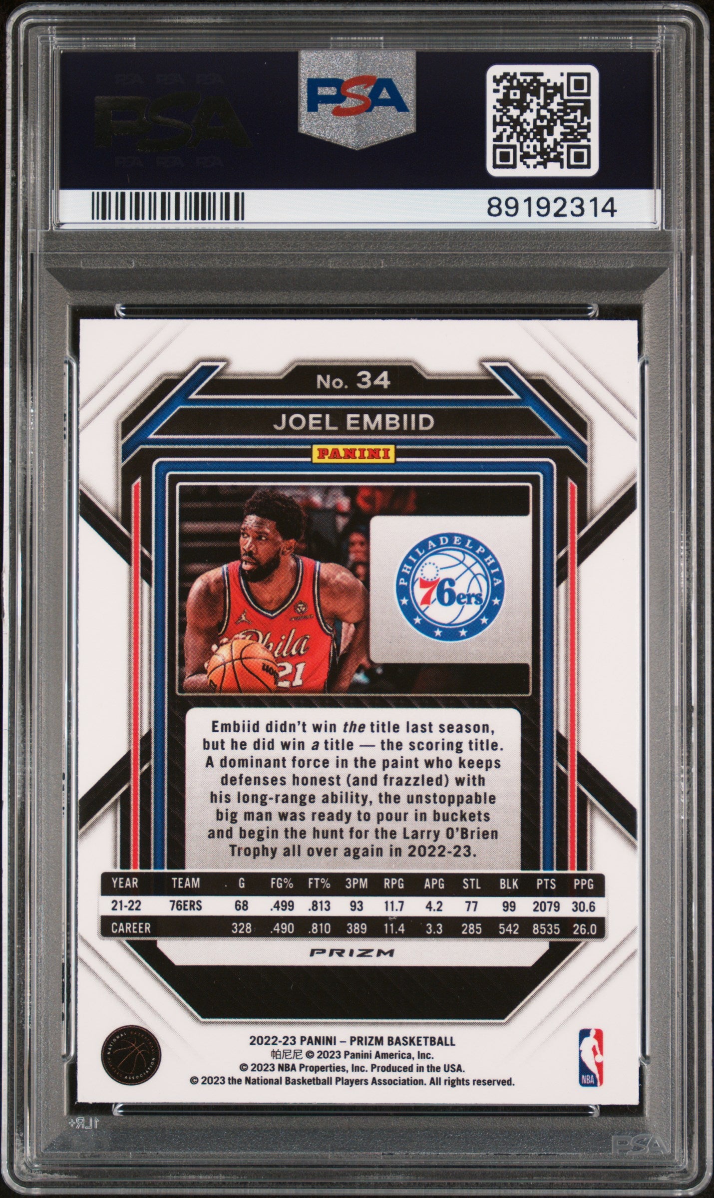 2022 Panini Prizm Joel Embiid Silver Prizm #34 PSA 8