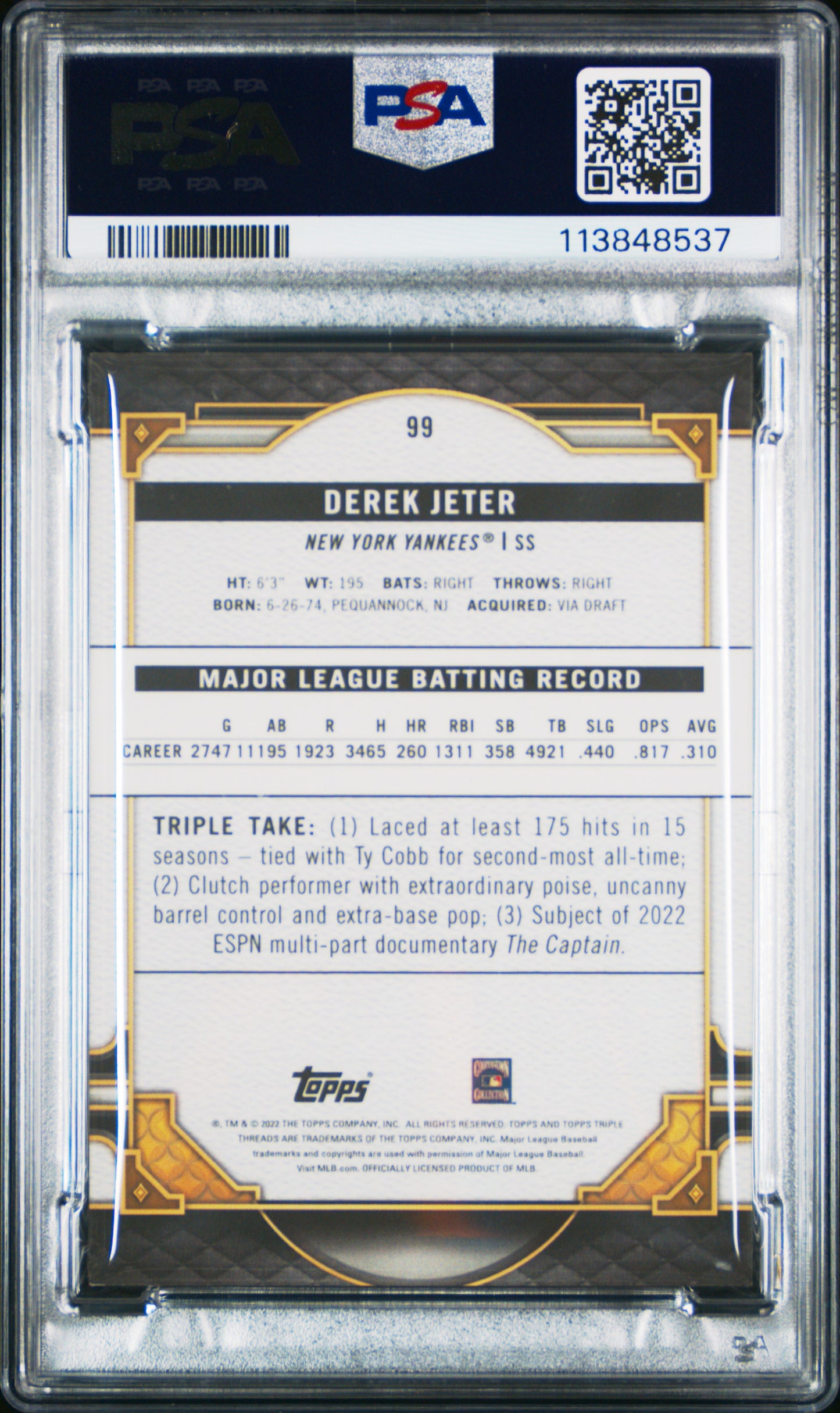 2022 Topps Triple Threads Derek Jeter Tourmaline 033/125 #99 PSA 8