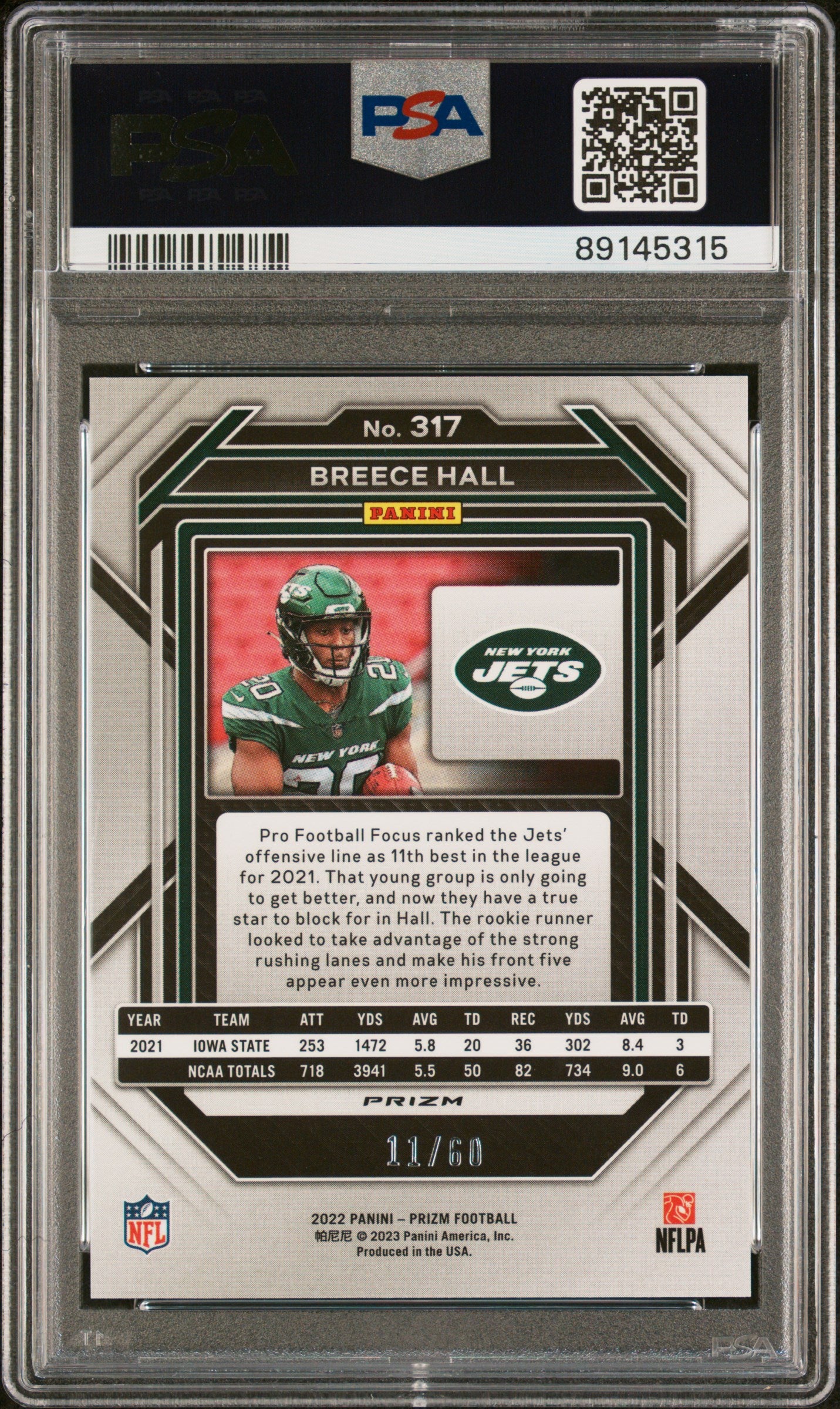 2022 Panini Prizm Breece Hall Orange Wave /60 RC #317 PSA 10