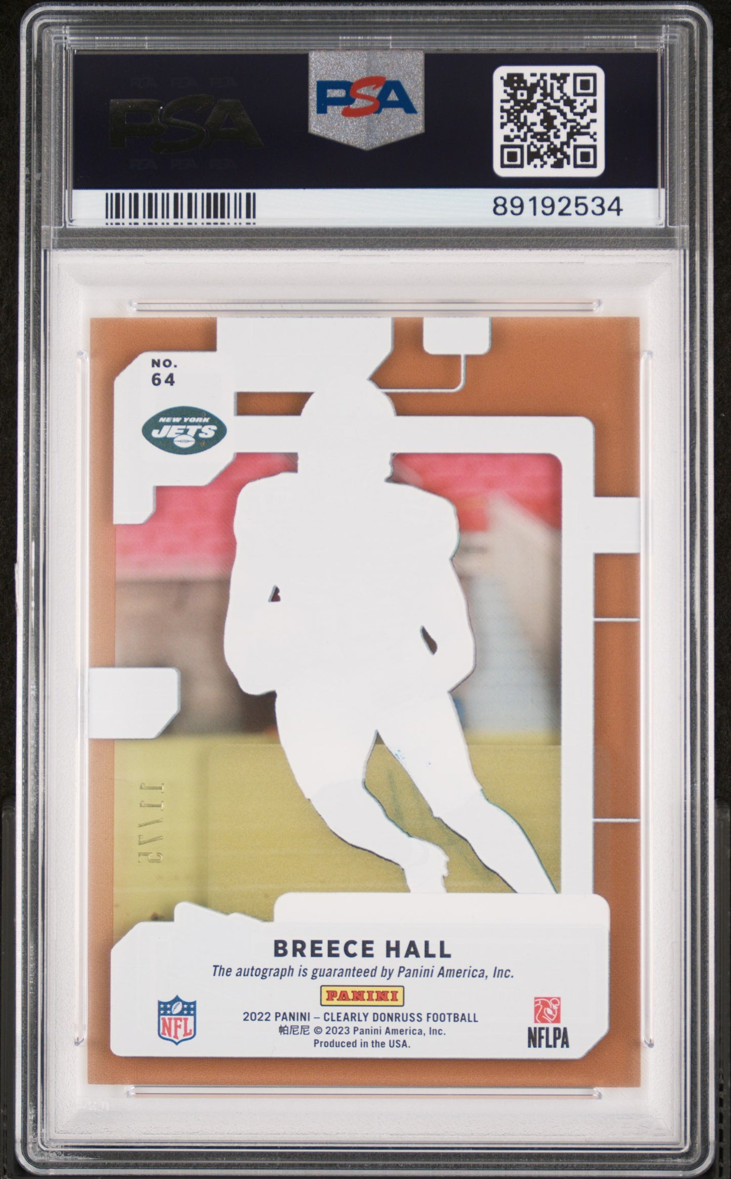 2022 Panini Clearly Donruss Breece Hall Autograph Orange /75 #64 PSA 10