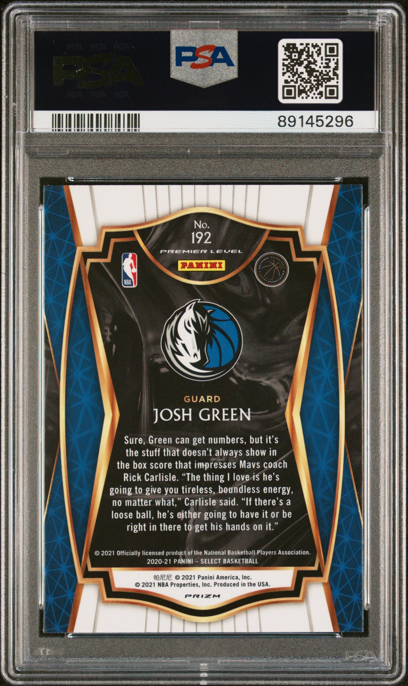 2020 Panini Select Josh Green Blue Prizm #192 RC PSA 10