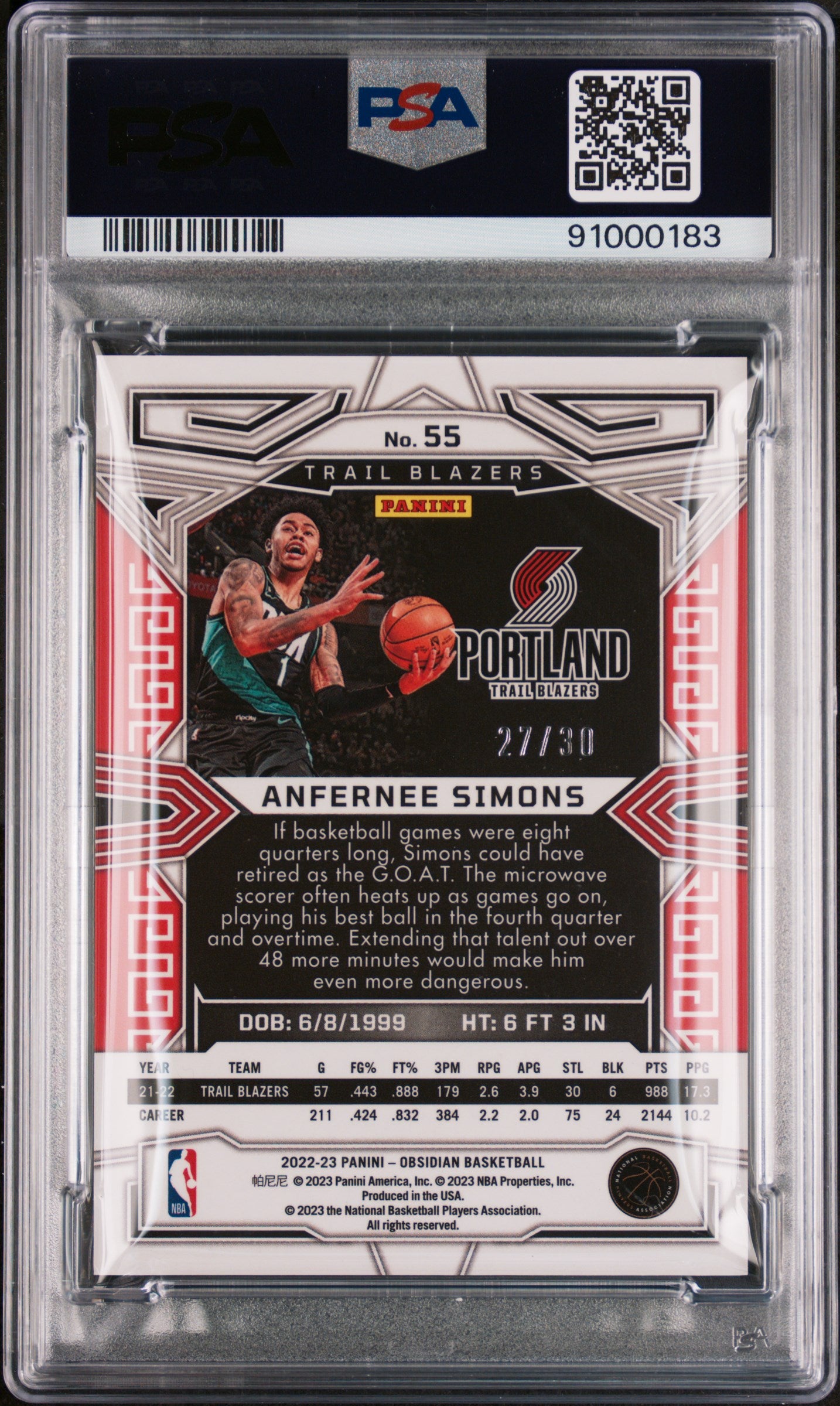 Anfernee Simons 2022 Panini Obsidian Electric Etch Blue /30 #55 PSA 10