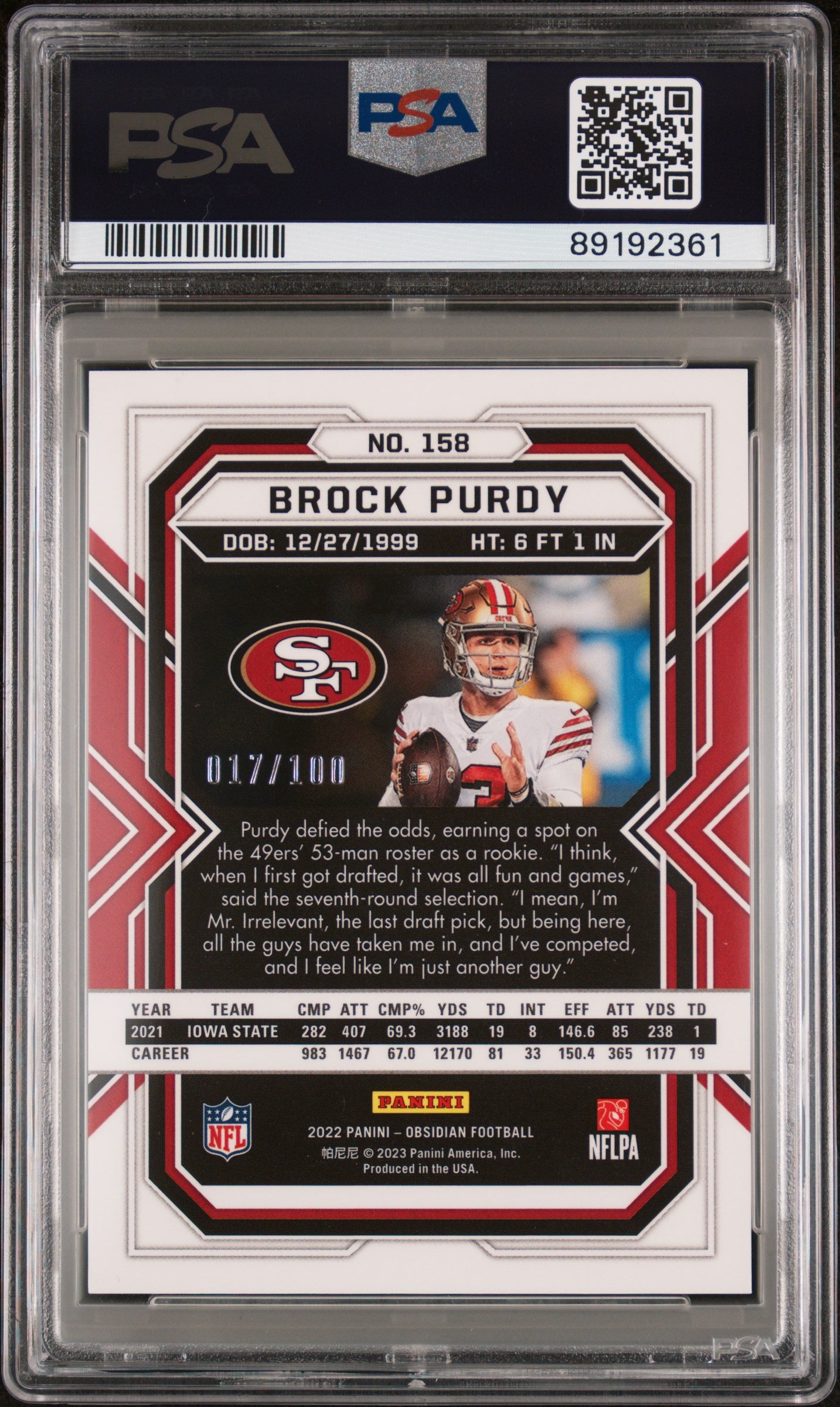 Brock Purdy 2022 Panini Obsidian Electric Etch Purple /100 #158 PSA 9