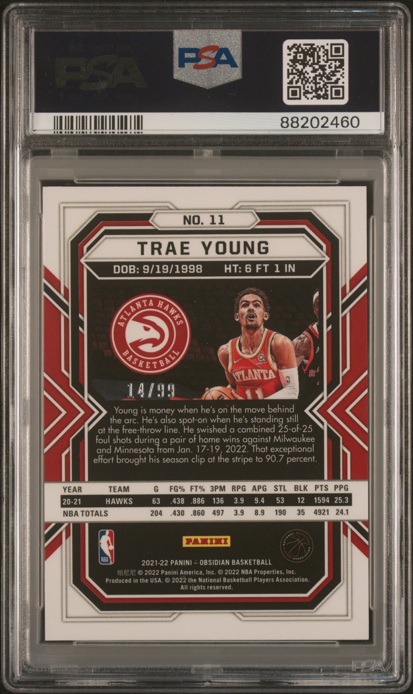 2021 Panini Obsidian Trae Young Electric Etch Purple /99 #11 PSA 9