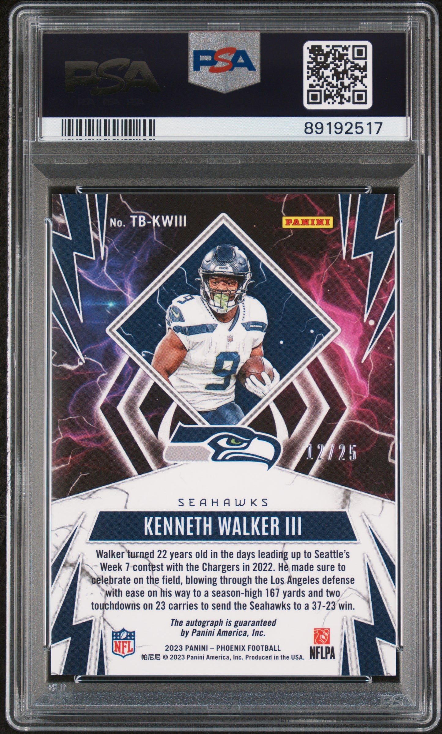 2023 Phoenix Kenneth Walker III Thunderbirds Auto Blue Ice /25 #TBKWIII PSA 10