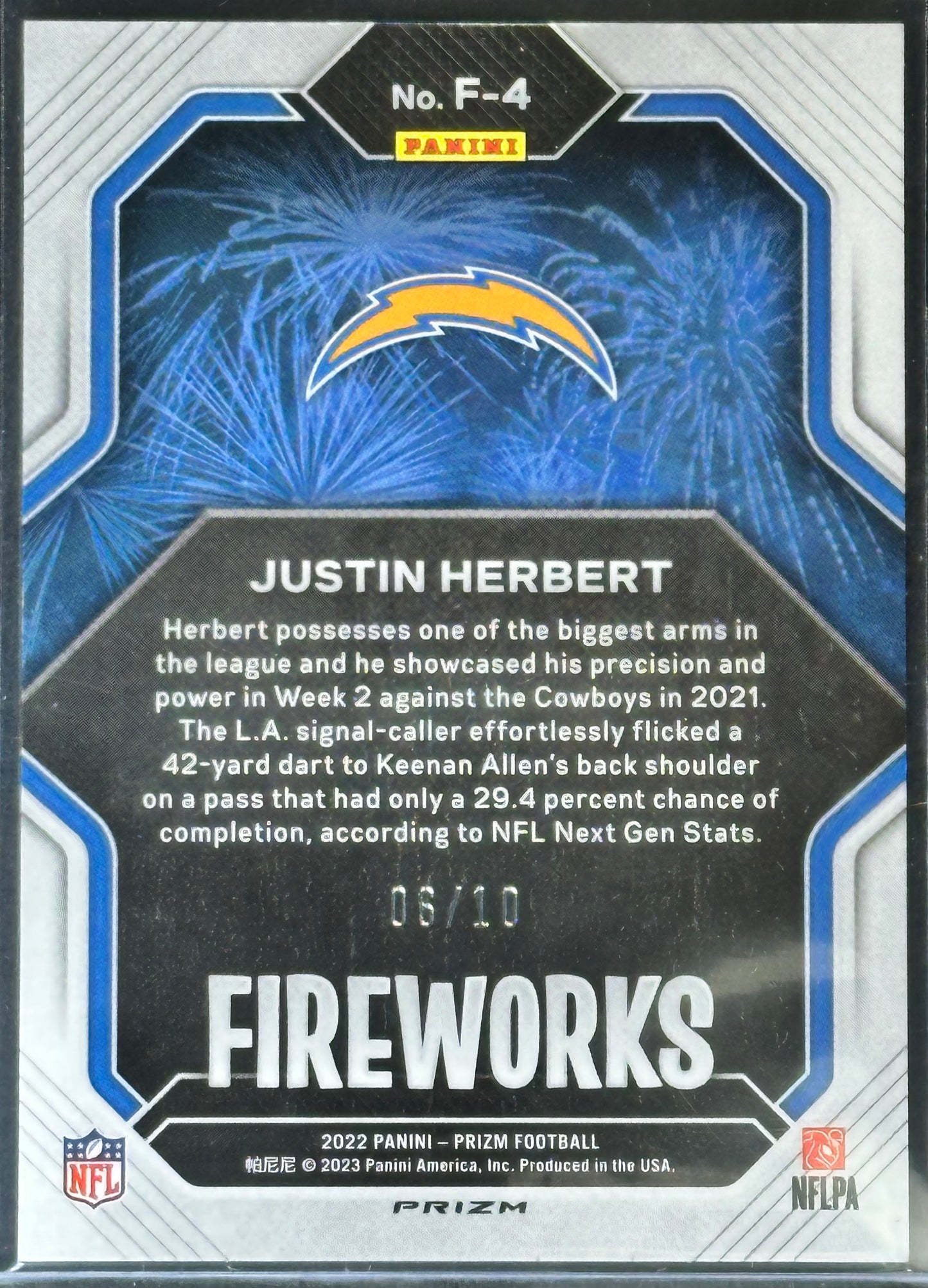 2022 Panini Prizm Justin Herbert Fireworks Gold /10 #F-4