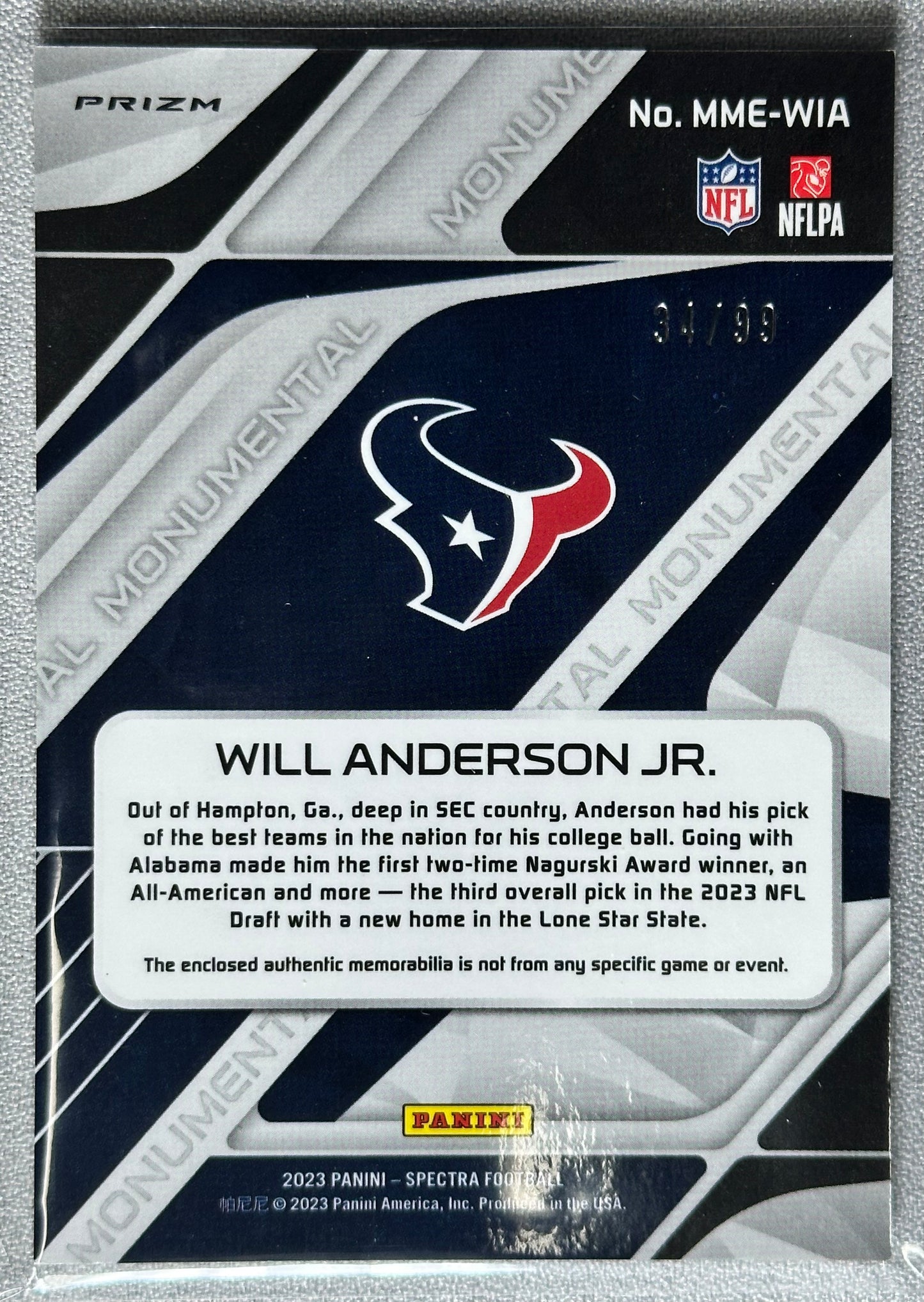 Will Anderson Jr. 2023 Panini Spectra Monumental Memorabilia /99 #MME-WIA RC