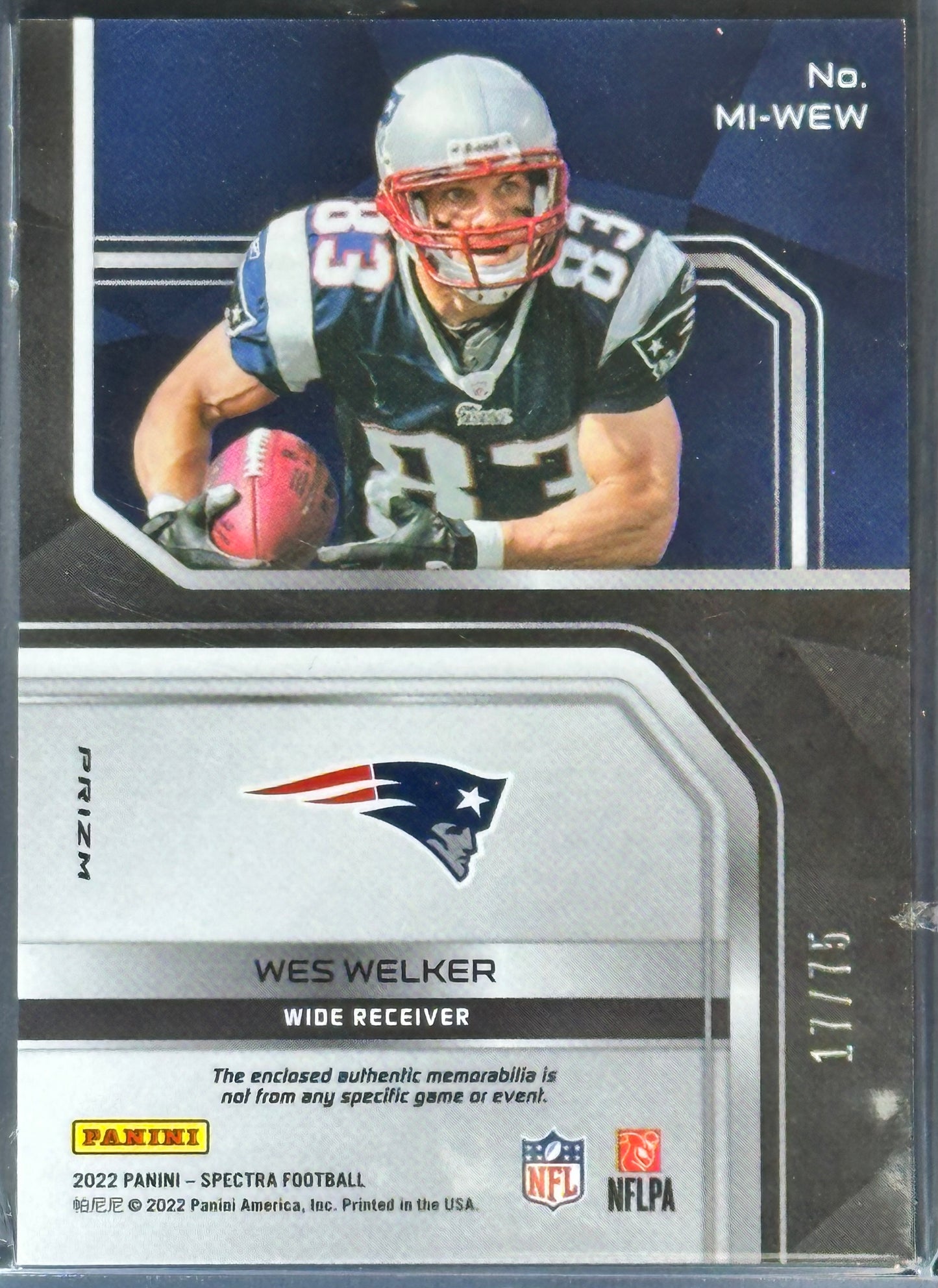 Wes Welker 2022 Panini Spectra Max Impact Materials Hyper /75 #MI-WEW