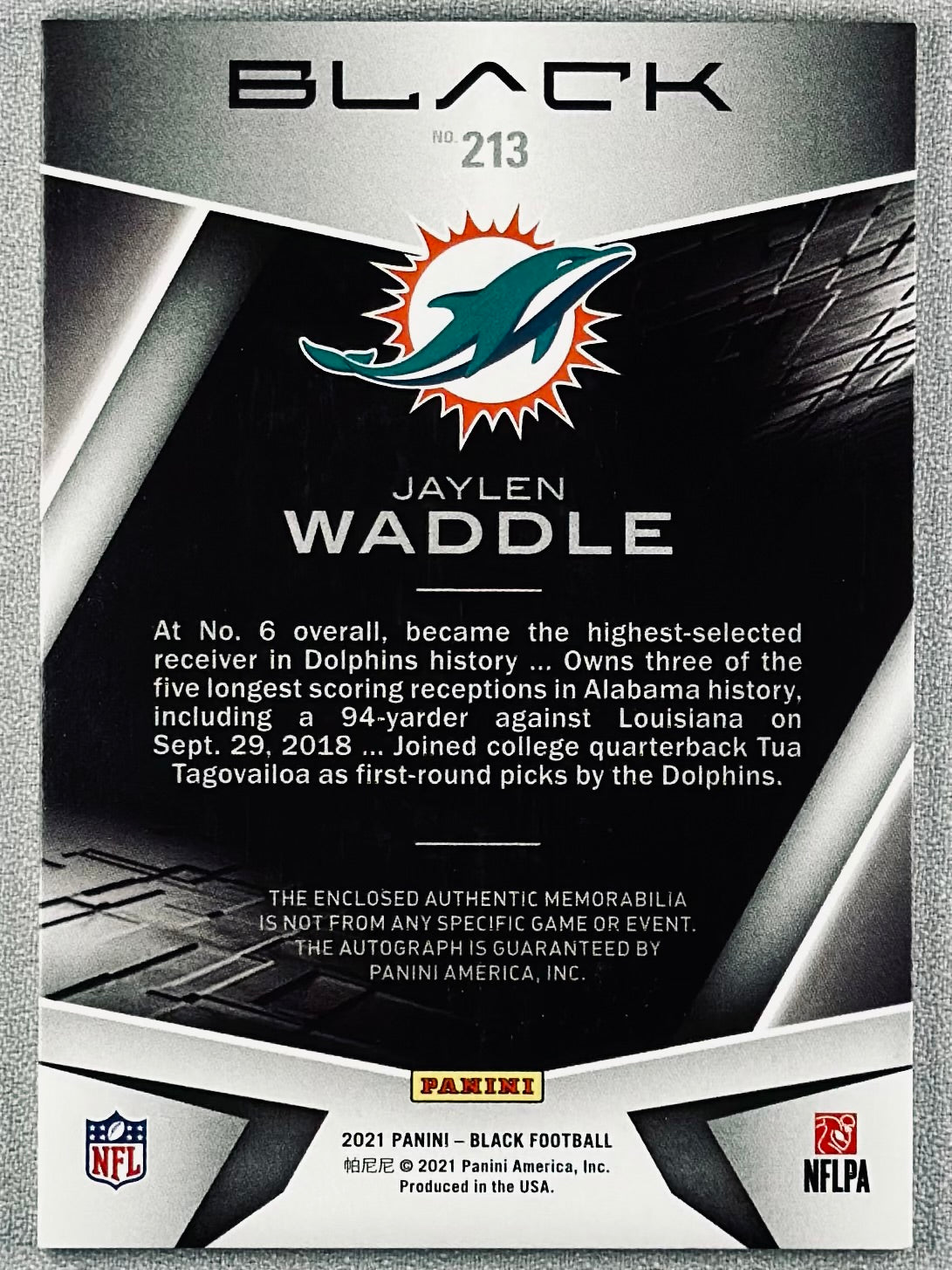 2021 Panini Black Jaylen Waddle RPA /99 #213 RC