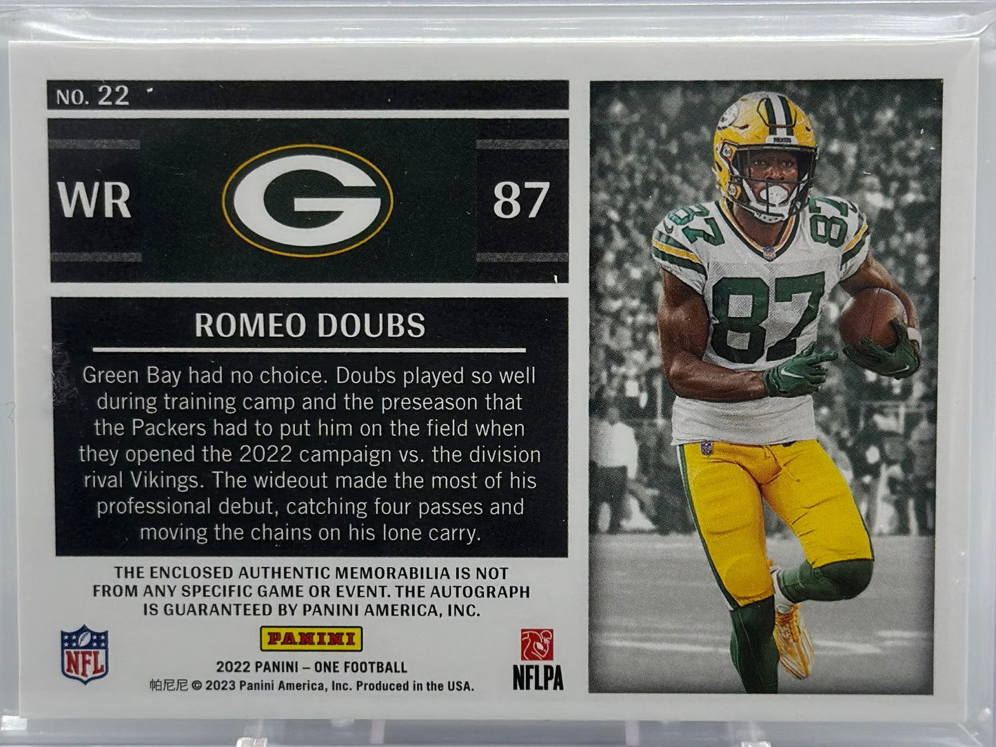 2022 Panini One Romeo Doubs RPA /99 #22