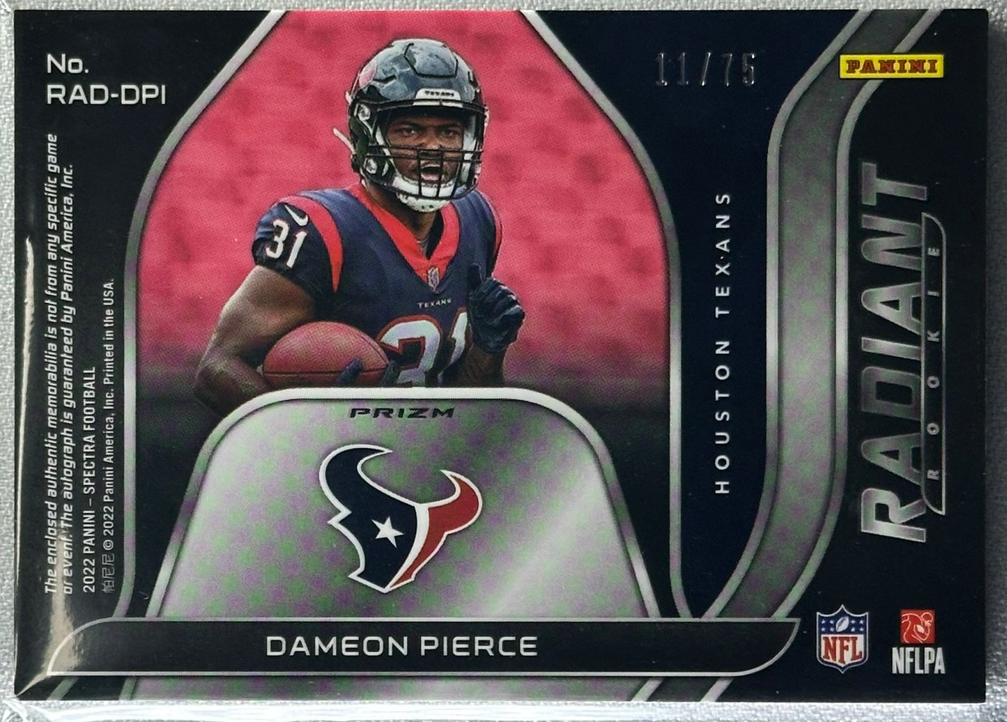 Dameon Pierce 2022 Panini Spectra Radiant Rookie RPA Celestial /75 #RAD-DPI RC