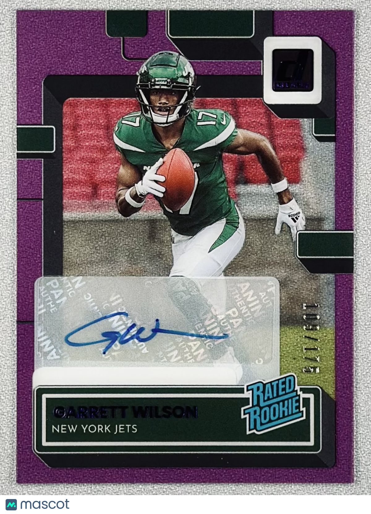 2022 Panini Clearly Donruss Garrett Wilson Rated Rookie Auto Purple /175 #56 RC