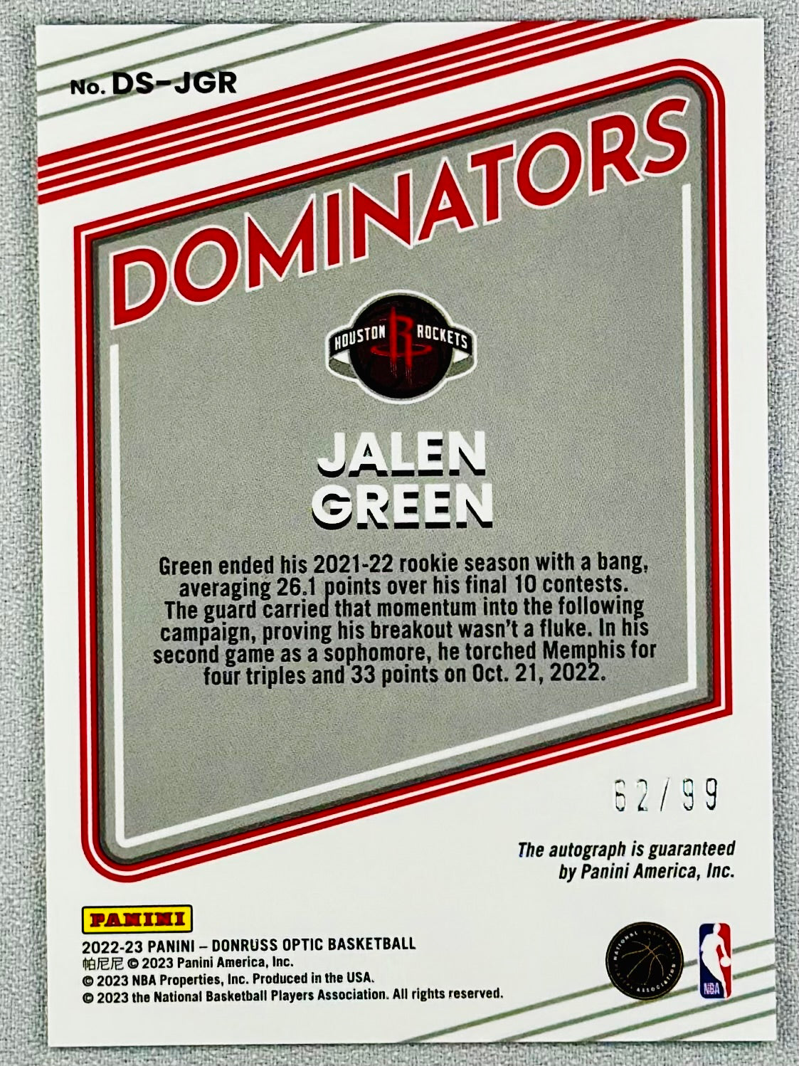 2022 Panini Donruss Optic Jalen Green Dominators Signatures /99 #DSJGR