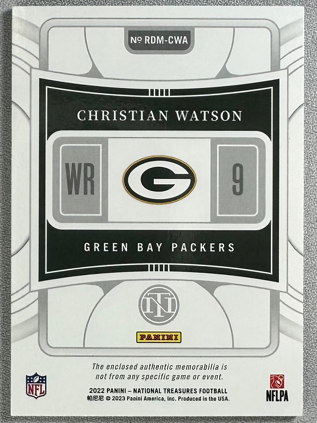 2022 Panini National Treasures Christian Watson Rookie Dual Materials /99 RC