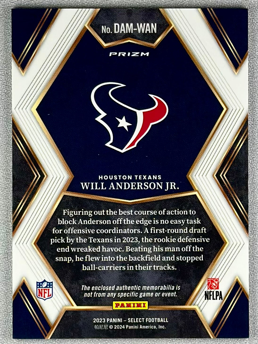 2023 Panini Select Will Anderson Jr. Draft Selections Patch Red #DAM-WAN RC