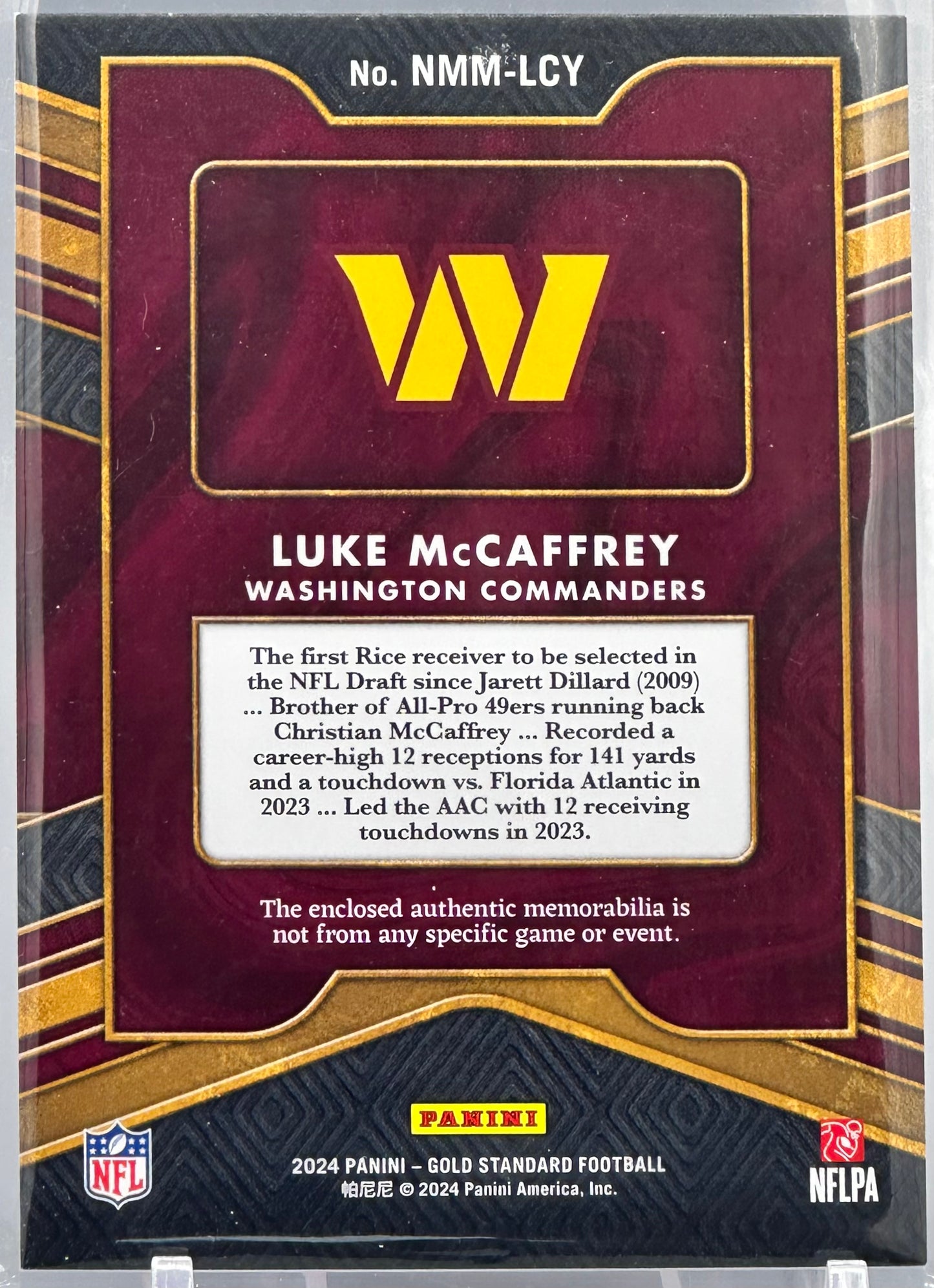 Luke McCaffrey 2024 Panini Gold Standard Newly Minted Materials /499 RC