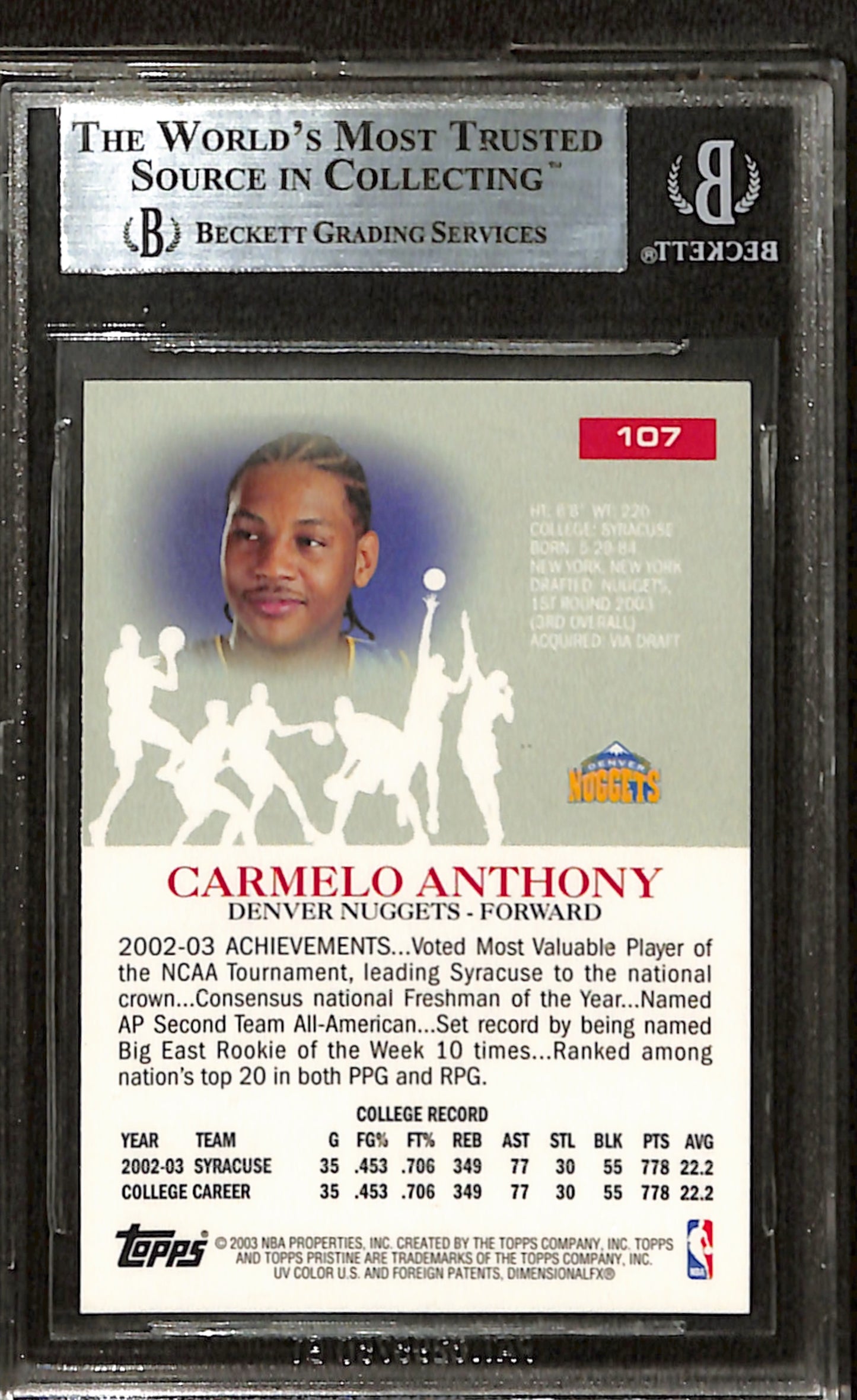 2003-04 Topps Pristine Carmelo Anthony Rookie #107 BGS 9