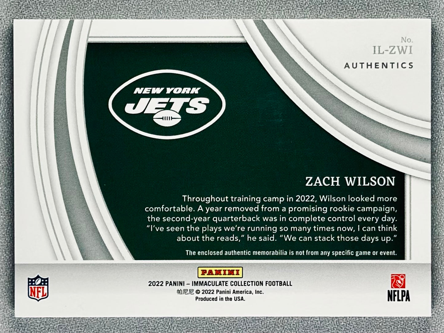 2022 Panini Immaculate Collection Zach Wilson Laundry Tag /5 #IL-ZWI