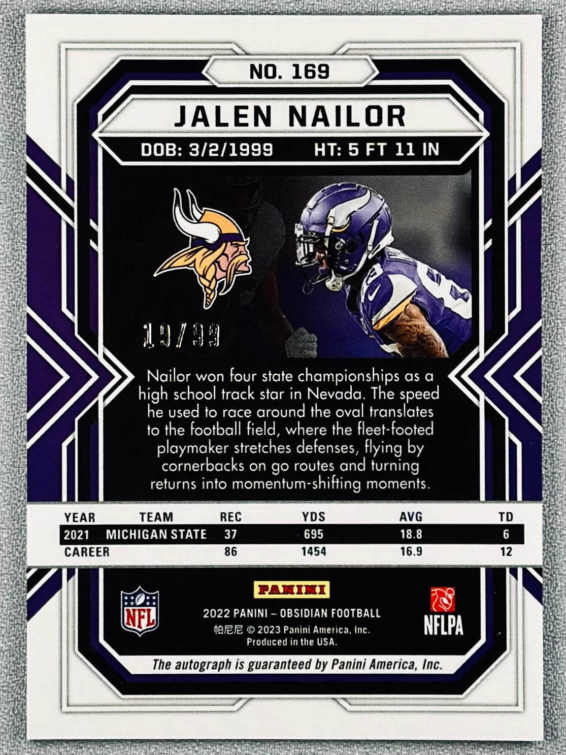 2022 Panini Obsidian Jalen Nailor Rookie Auto Orange /99 #169 RC