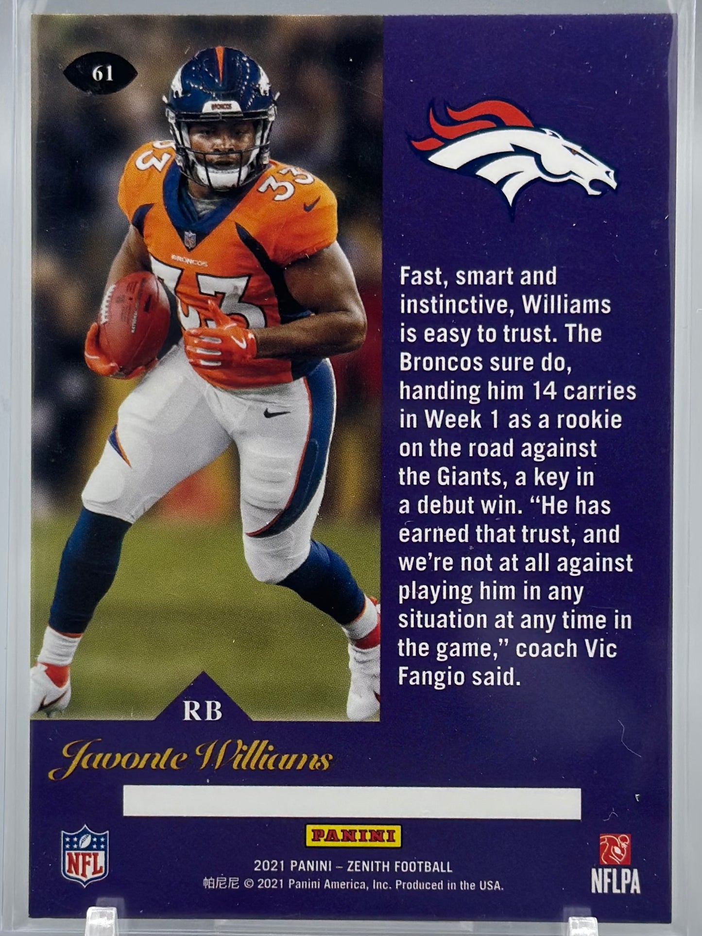 Javonte Williams 2021 Panini Zenith #61 RC