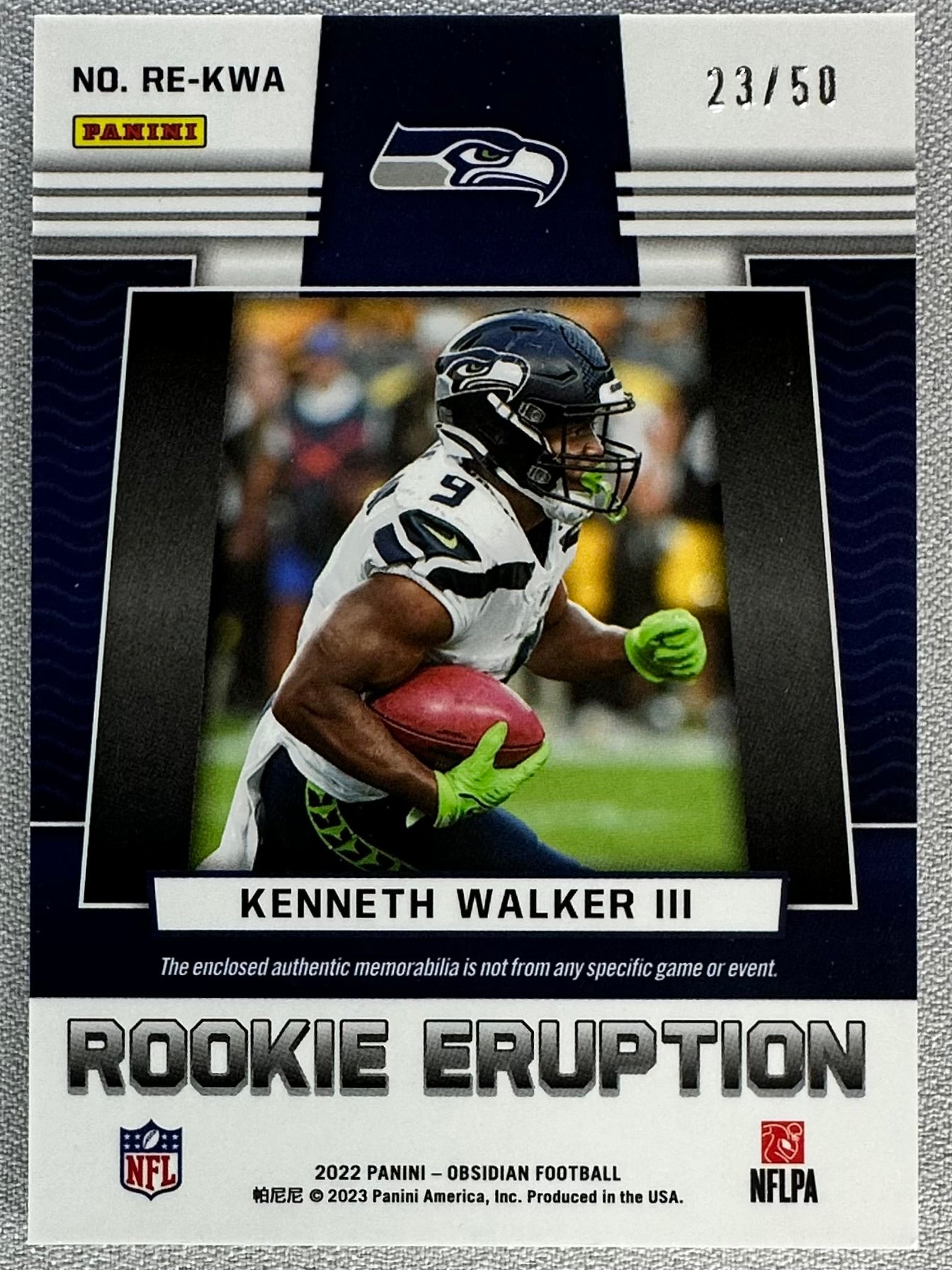 2022 Panini Obsidian Kenneth Walker III Rookie Eruption Green /50 #RE-KWA RC