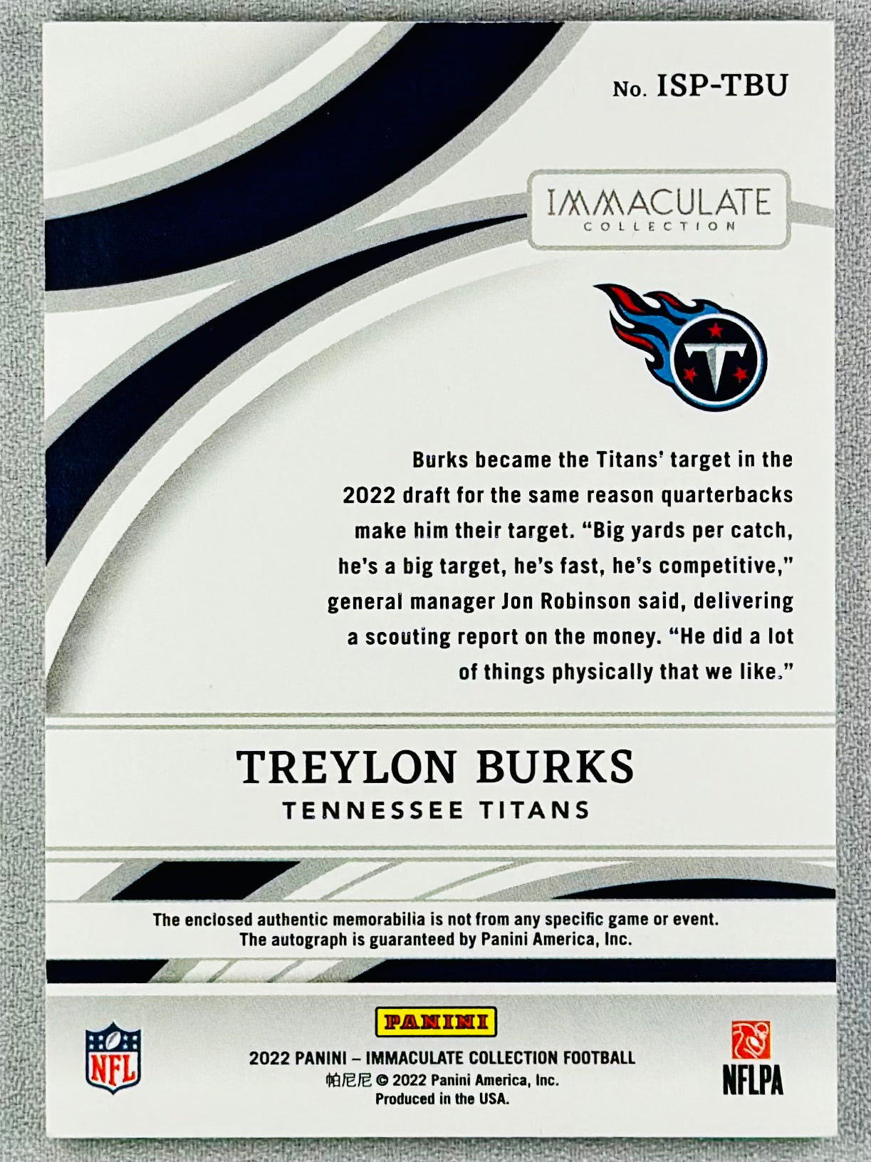 2022 Panini Immaculate Treylon Burks Signature Patches /99 #ISP-TBU RC