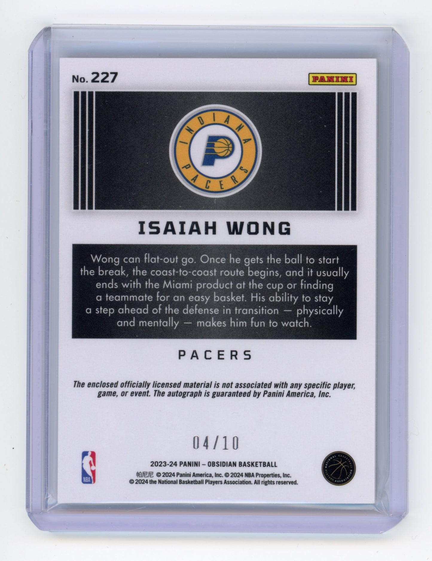 2023 Panini Obsidian Isaiah Wong Rookie Jersey Autos Gold Flood /10 #227 RC