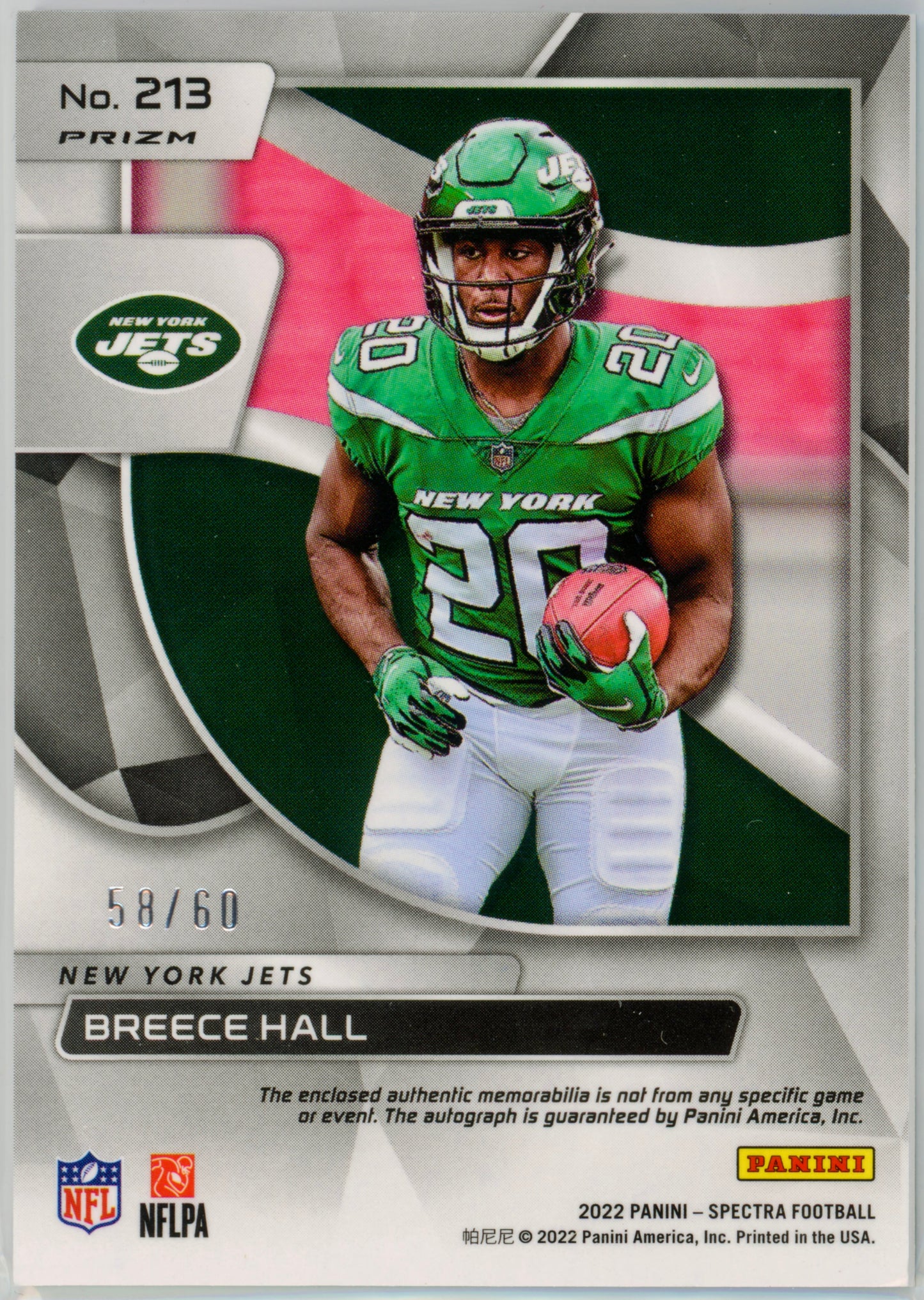 2022 Panini Spectra Breece Hall RPA Blue Neon /60 #213